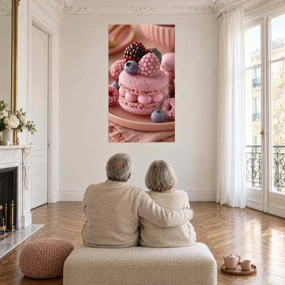 Cuadro bizcocho rosa moteado de granate, frambuesa dulce y arándano violeta, pareja de espaldas sobre un puf, salón haussmanniano