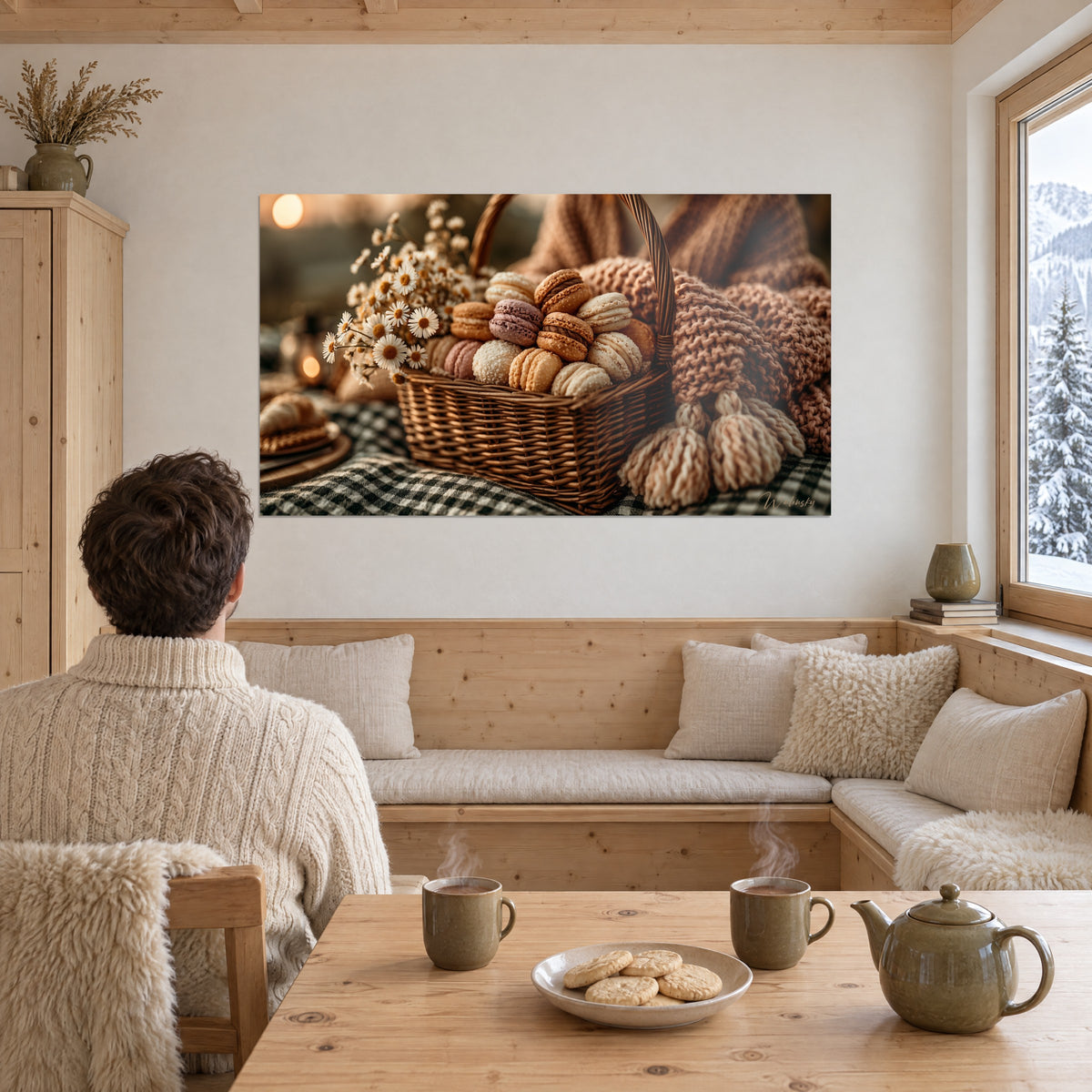 Schilderij picknick met room- en chocolade macarons, zwart-wit geruit vichy tafelkleed, zacht roze wol, tegenover een koppel met de rug naar de kijker in een besneeuwd chalet