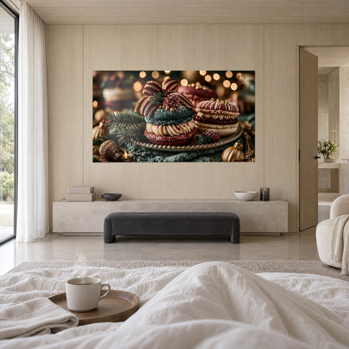 Quadro torta di Natale blu notte e bordeaux, fiocco a righe dorate, luci scintillanti, sopra un letto in una camera luminosa