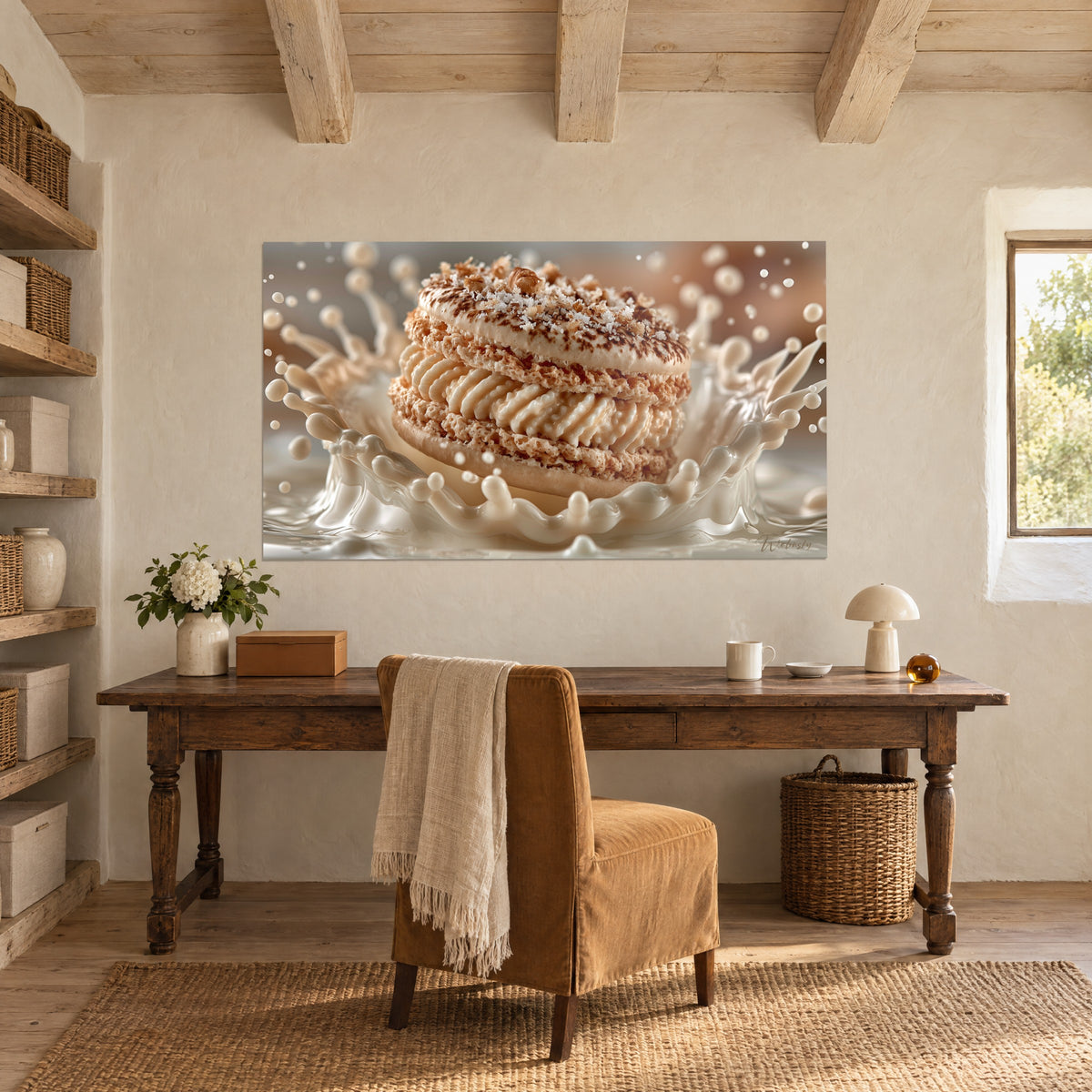 Cuadro postre con avellanas sobre salpicadura de leche marfil, reflejos marrones y dorados, escritorio de madera patinada, silla de lino y ventana de piedra