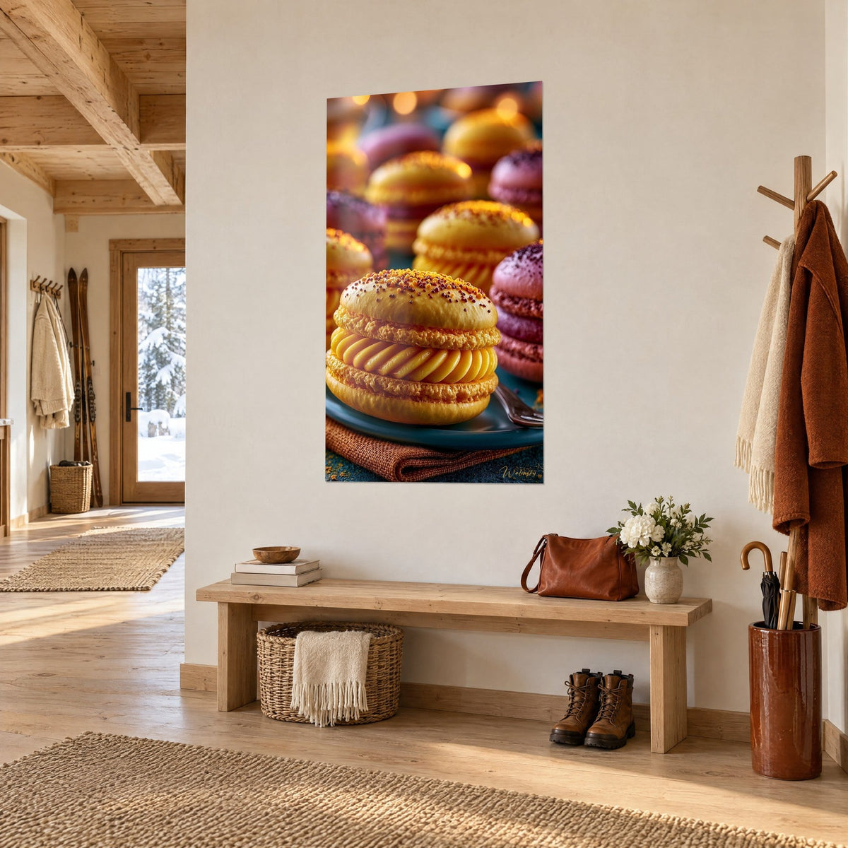Tableau gâteau rond safran, crème en volutes dorées, fourchette sur serviette brune, vu de biais dans l'entrée d'un chalet