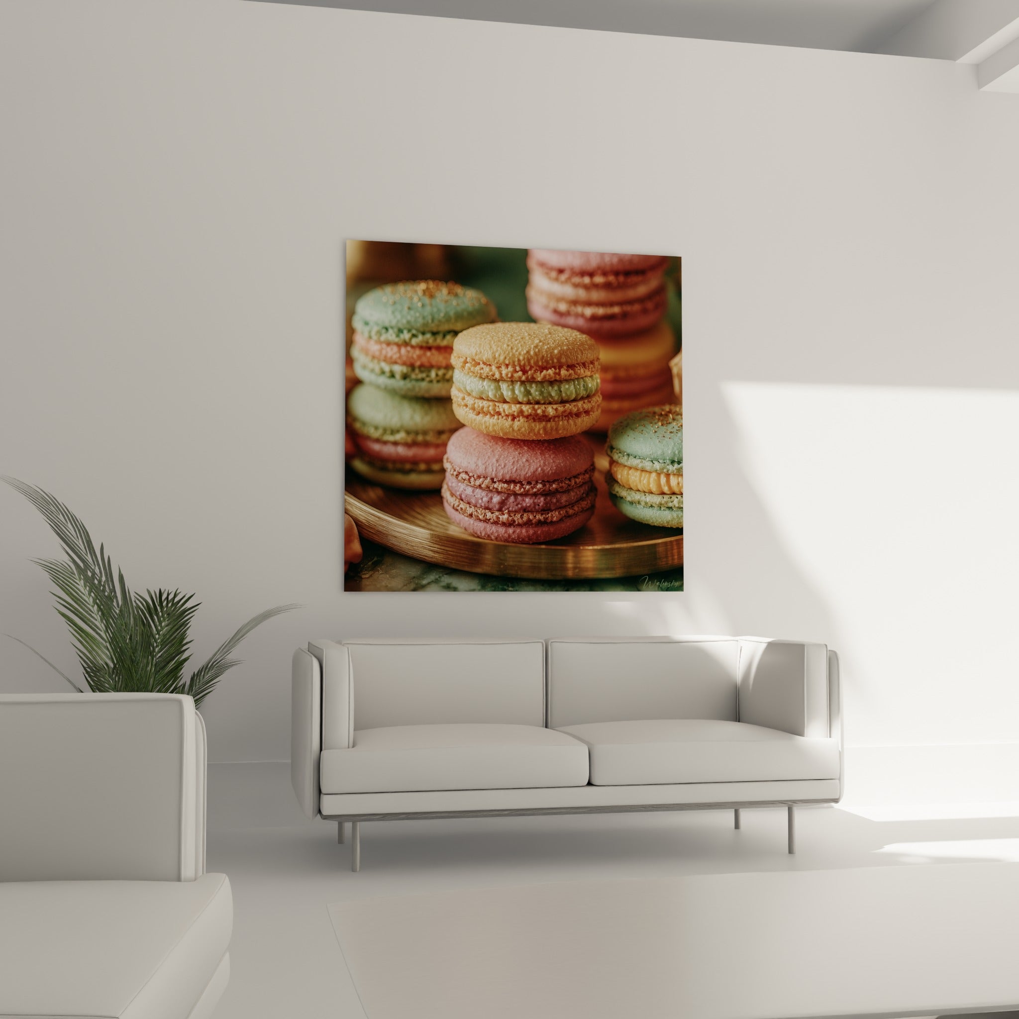 Pâtisseries macarons dorées et roses aux textures granuleuses, disposées au-dessus d'un canapé dans un salon lumineux