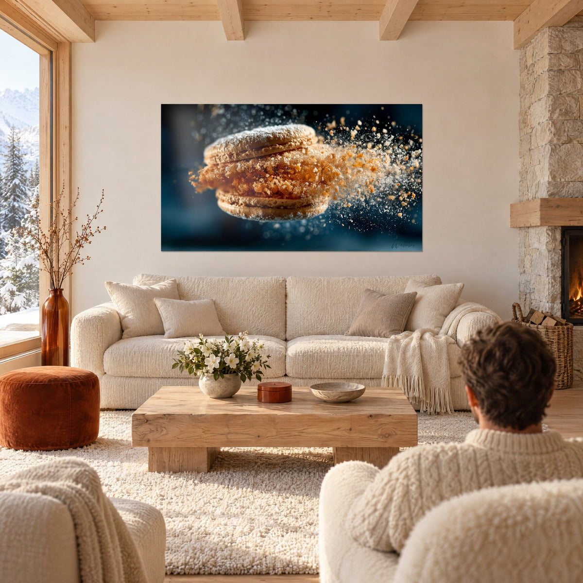 Tableau macaron doré éclatant en miettes ocre sur fond bleu nuit, deux personnes de dos au-dessus d'un canapé dans un salon lumineux