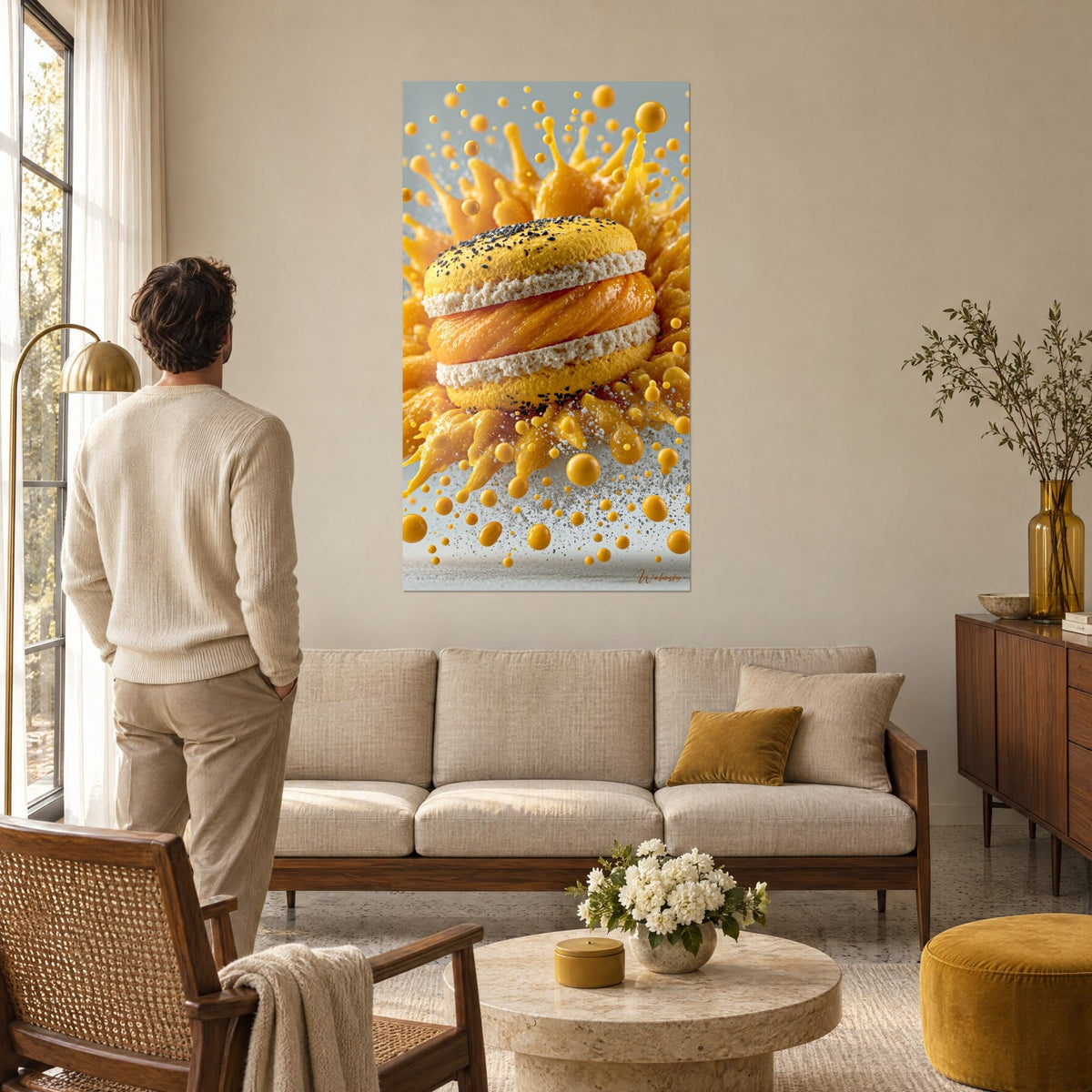 Tableau macaron jaune safran fourré de crème orange, sésame noir en surface, gouttes dorées suspendues, au-dessus d'un canapé dans un salon lumineux