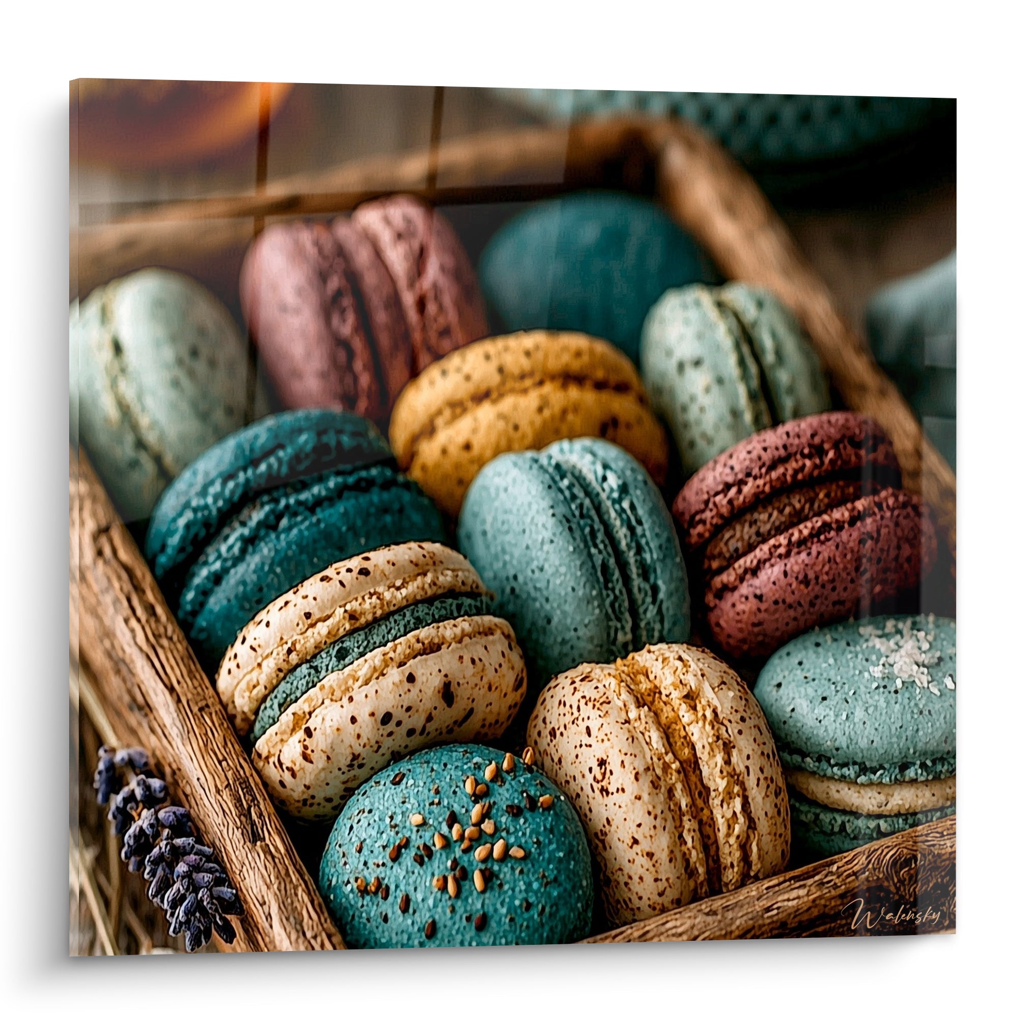 Macarons empilés en bleu sarcelle, rose poudré et beige moucheté dans un panier tressé