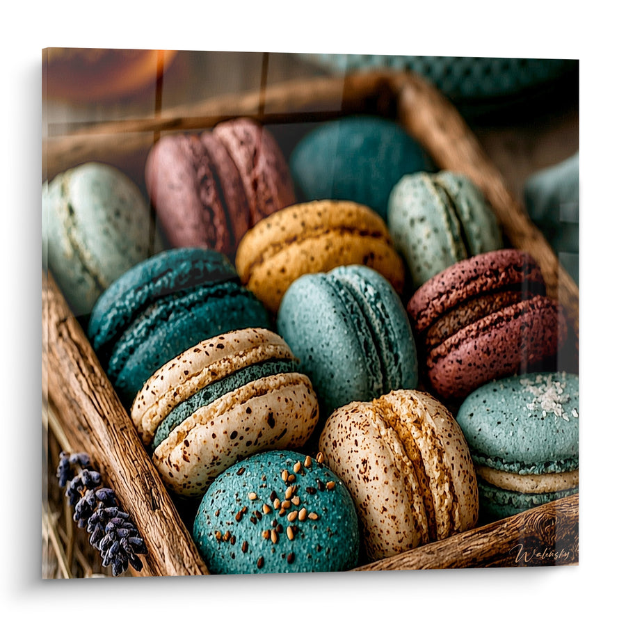 Tableau Macarons bleu sarcelle et beige dans un panier tressé - Panier gourmand - Edition Macaron