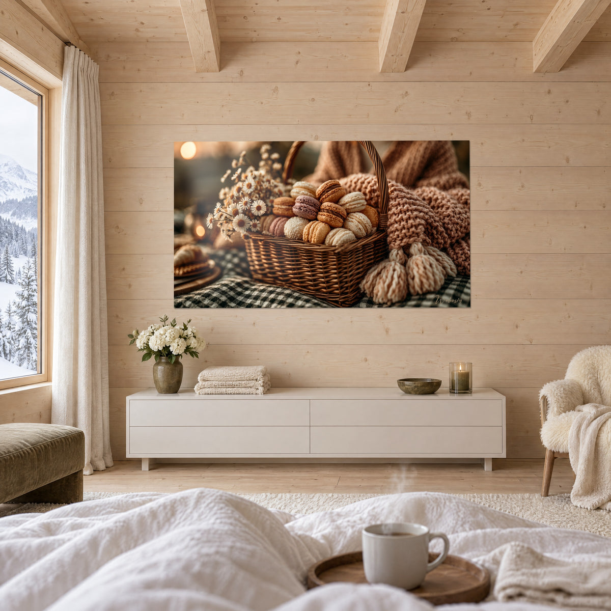 Schilderij lekkernijen in ivoor en karamel in een gevlochten mand, witte margrieten en roze gebreide plaid, boven een bed in een lichte slaapkamer
