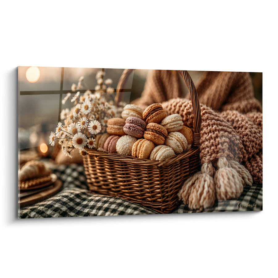Tableau Panier de macarons beige et marguerites - Douceur automnale - Edition Macaron