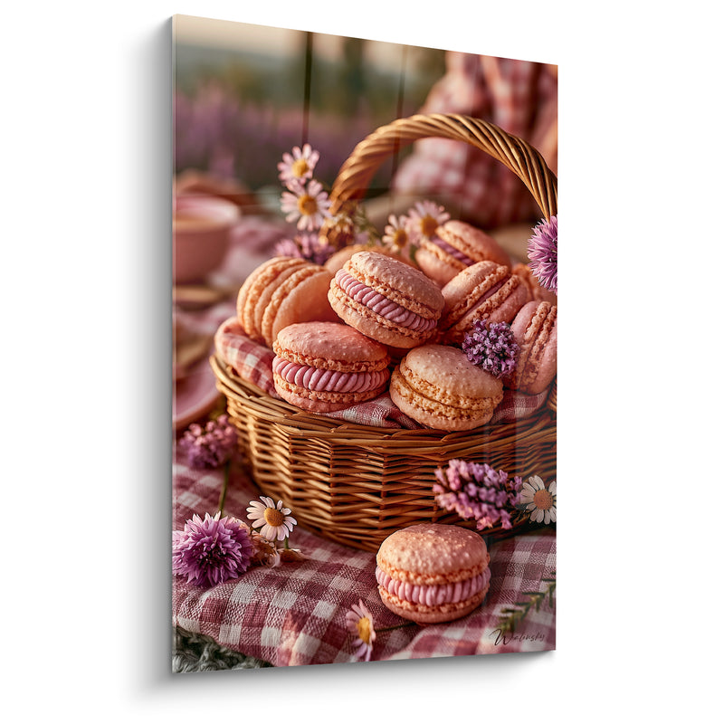 Tableau Panier osier rose et brun sur nappe à carreaux - Marguerites et pique-nique champêtre - Edition Macaron