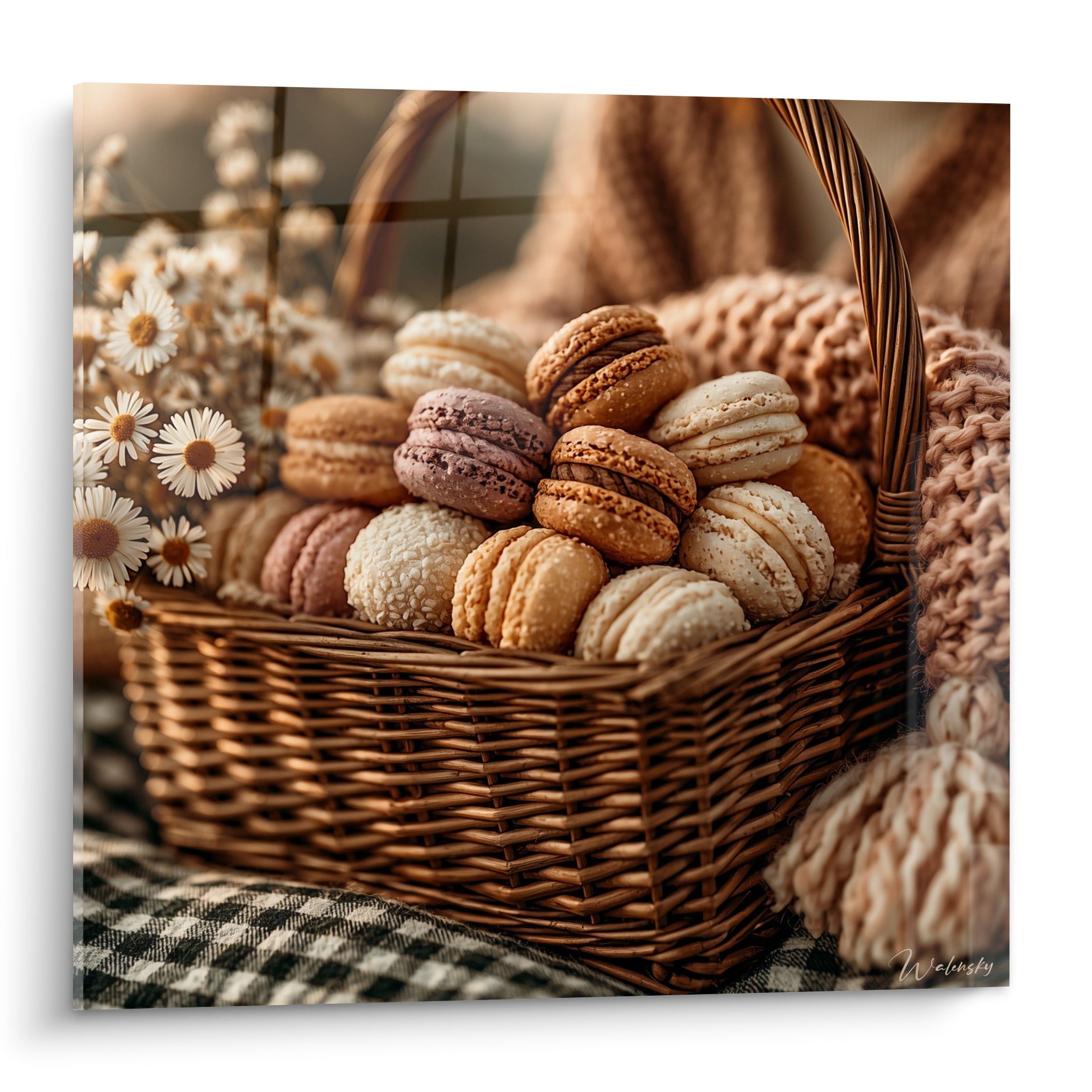 Macarons dorés et chocolat empilés dans un panier tressé brun, entourés de pâquerettes blanches