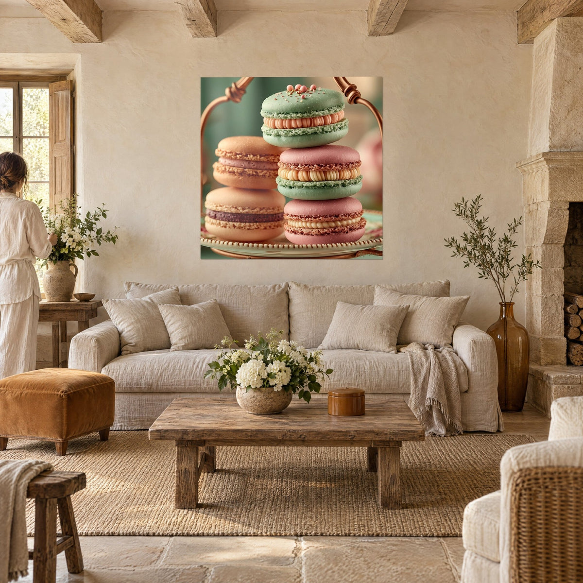 Cuadro de una pila de macarons de pistacho y melocotón sobre un expositor cobrizo, perlas de azúcar rosas, encima de un sofá en un salón luminoso