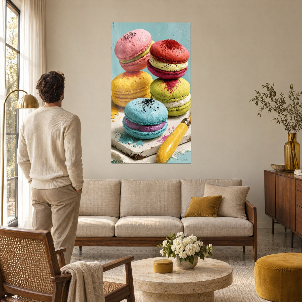 Tableau pile de macarons pastel rose et jaune sur planche blanche, pinceau doré, homme de dos, au-dessus d'un canapé dans un salon lumineux
