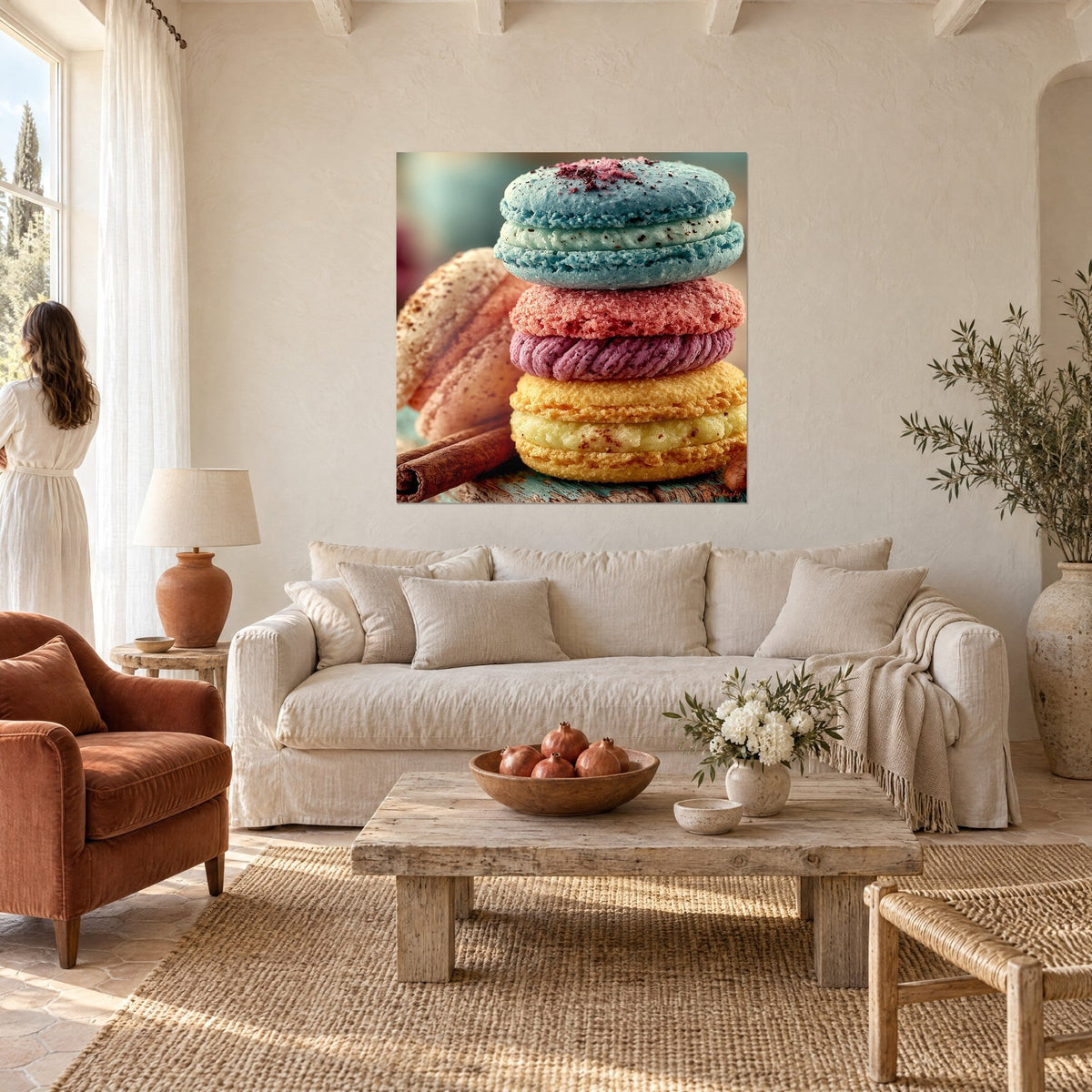 Tableau pile de macarons givrés bleu ciel, rose corail et jaune, bâton de cannelle, au-dessus d'un canapé dans un salon lumineux