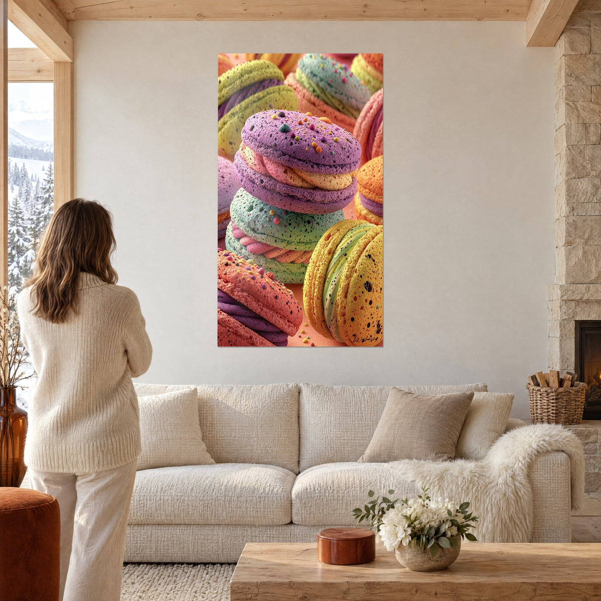 Cuadro con enormes macarons apilados, cáscaras violeta y verde menta, crema rosa y amarilla, sobre una pared blanca encima de un sofá en un salón luminoso