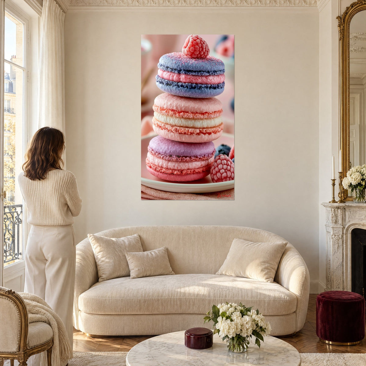 Tableau pile de trois macarons mauve et rose couronnée d'une framboise, femme de dos, au-dessus d'un canapé dans un salon lumineux