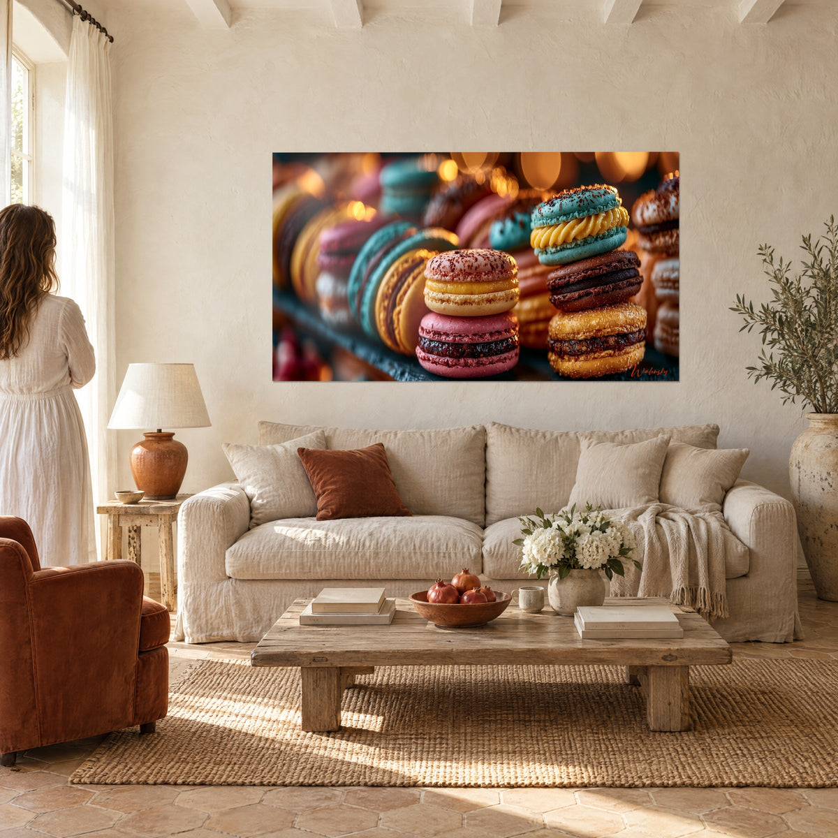 Cuadro de macarons turquesa y rosa apilados, relleno crema amarillo y luces doradas difuminadas, mujer de espaldas, sobre un sofá en un salón luminoso