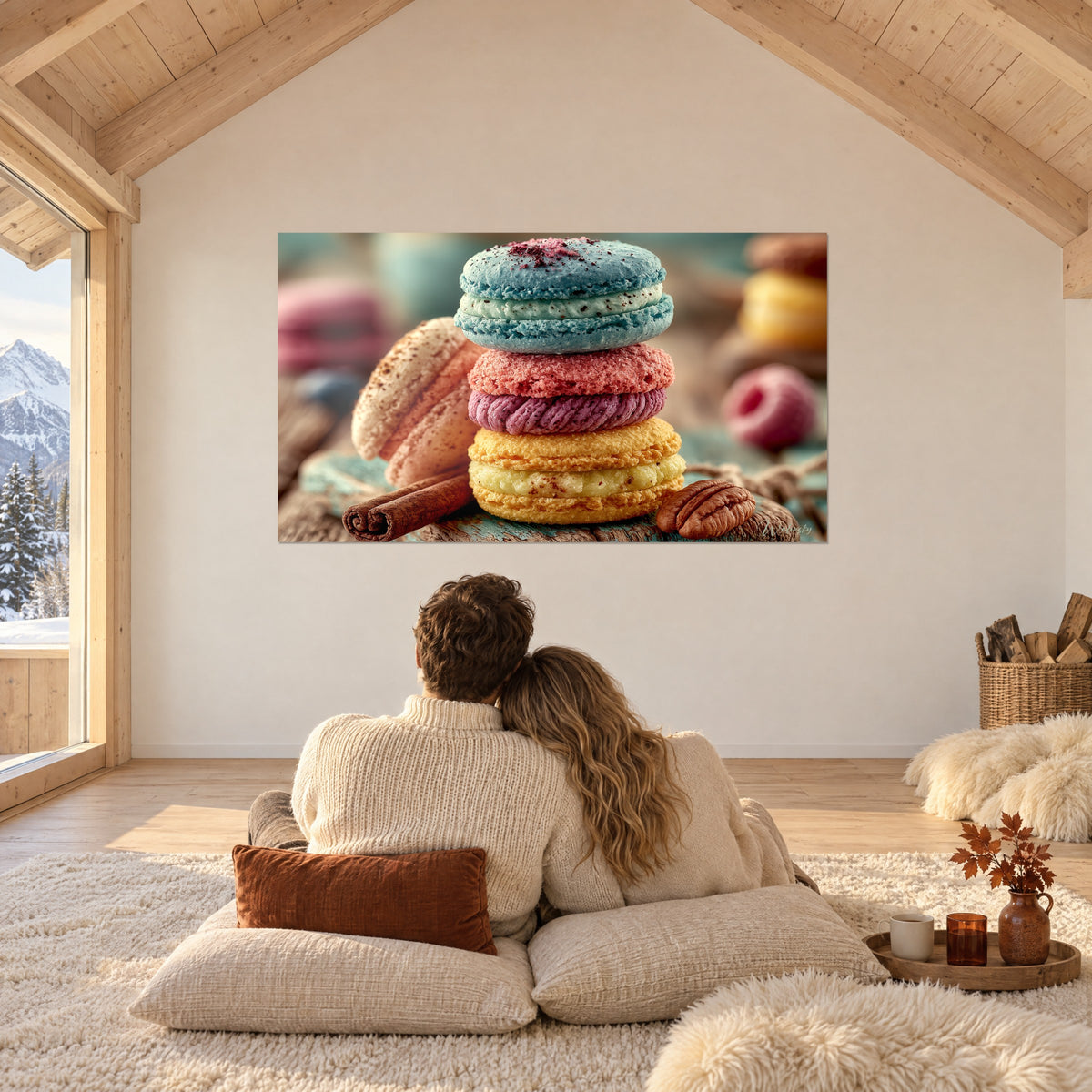 Wall art of macarons in a column, blue, pink and yellow on a turquoise patinated wooden board, cinnamon and pecans, in front of a couple lying on cushions