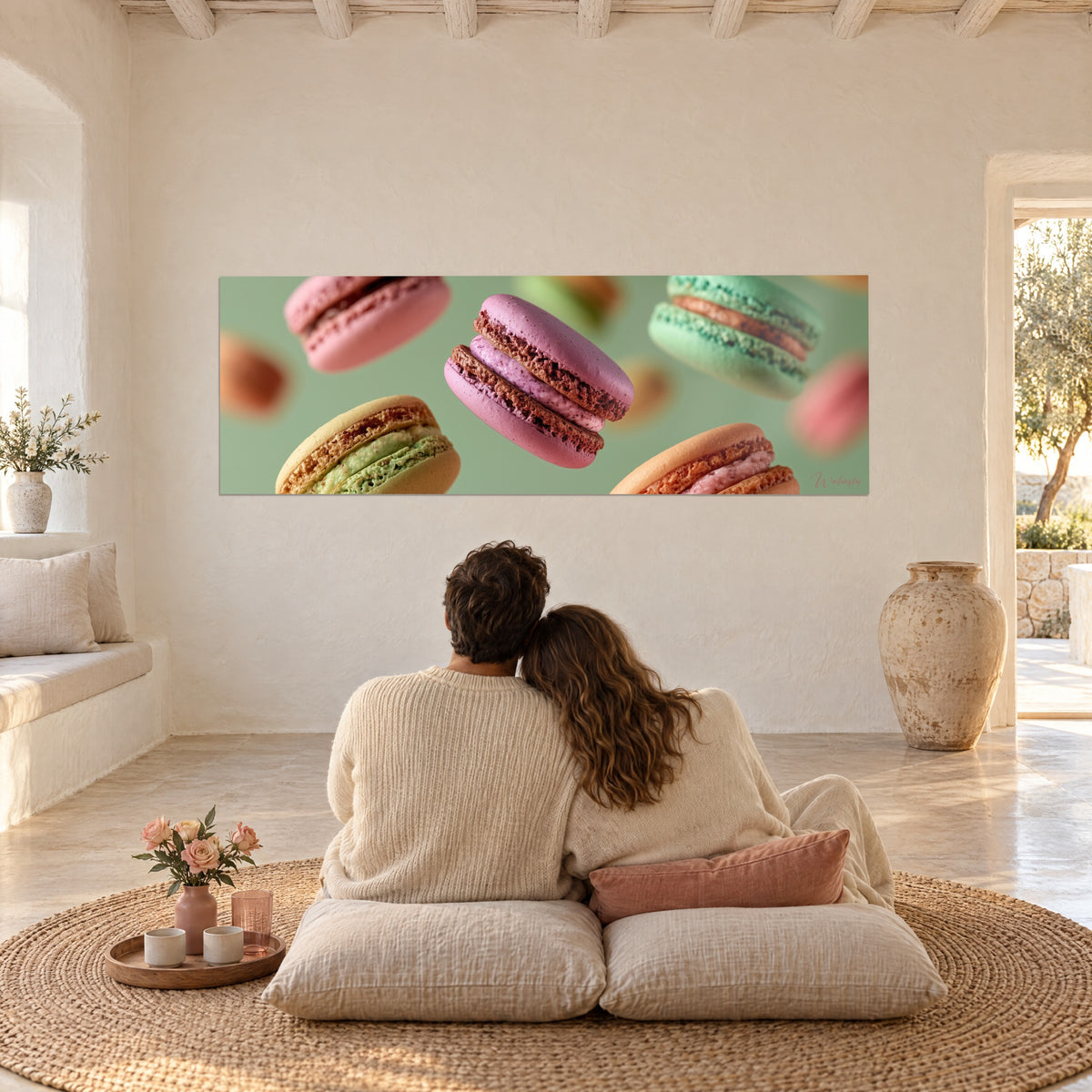 Wall art sweets in weightlessness, purple and green shells on sage background, couple embracing on cushions, Mediterranean living room