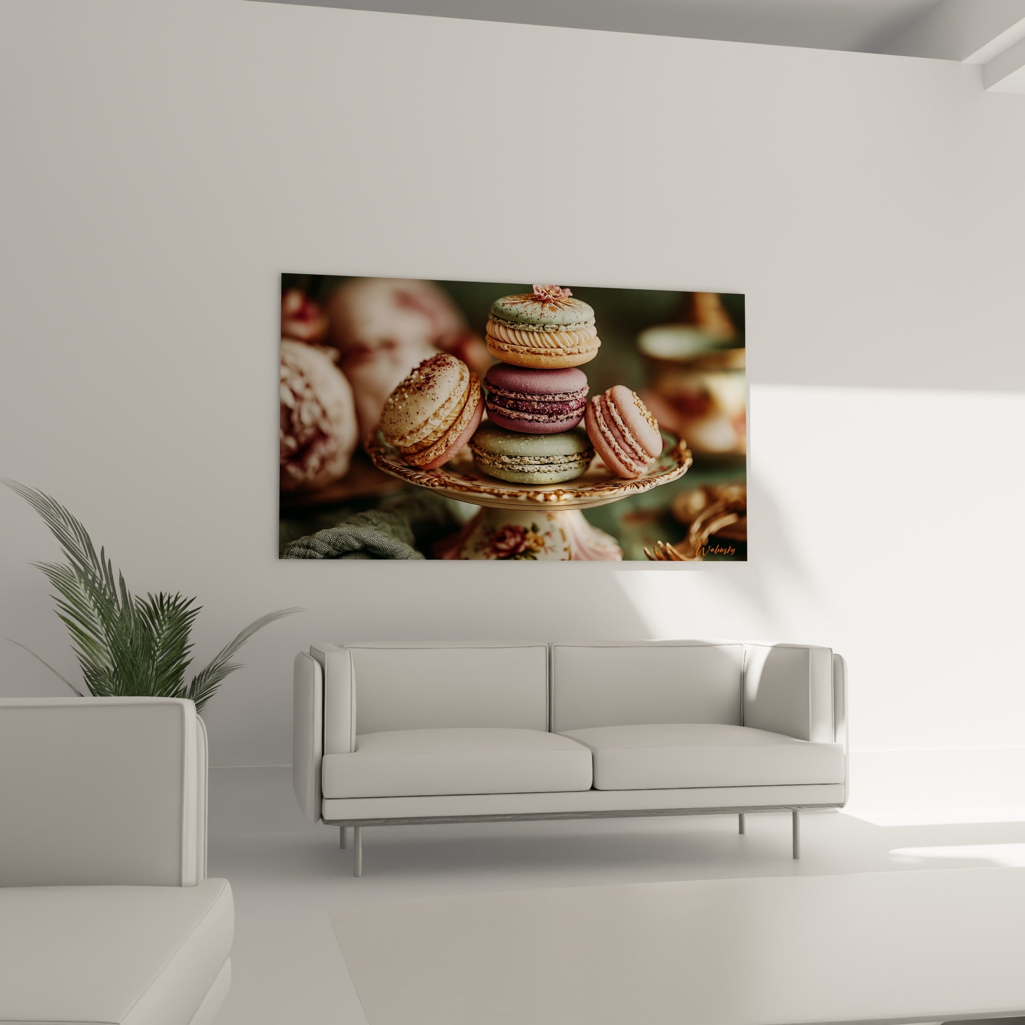 Macarons dorés et pastel sur présentoir ancien au-dessus d'un canapé dans un salon lumineux