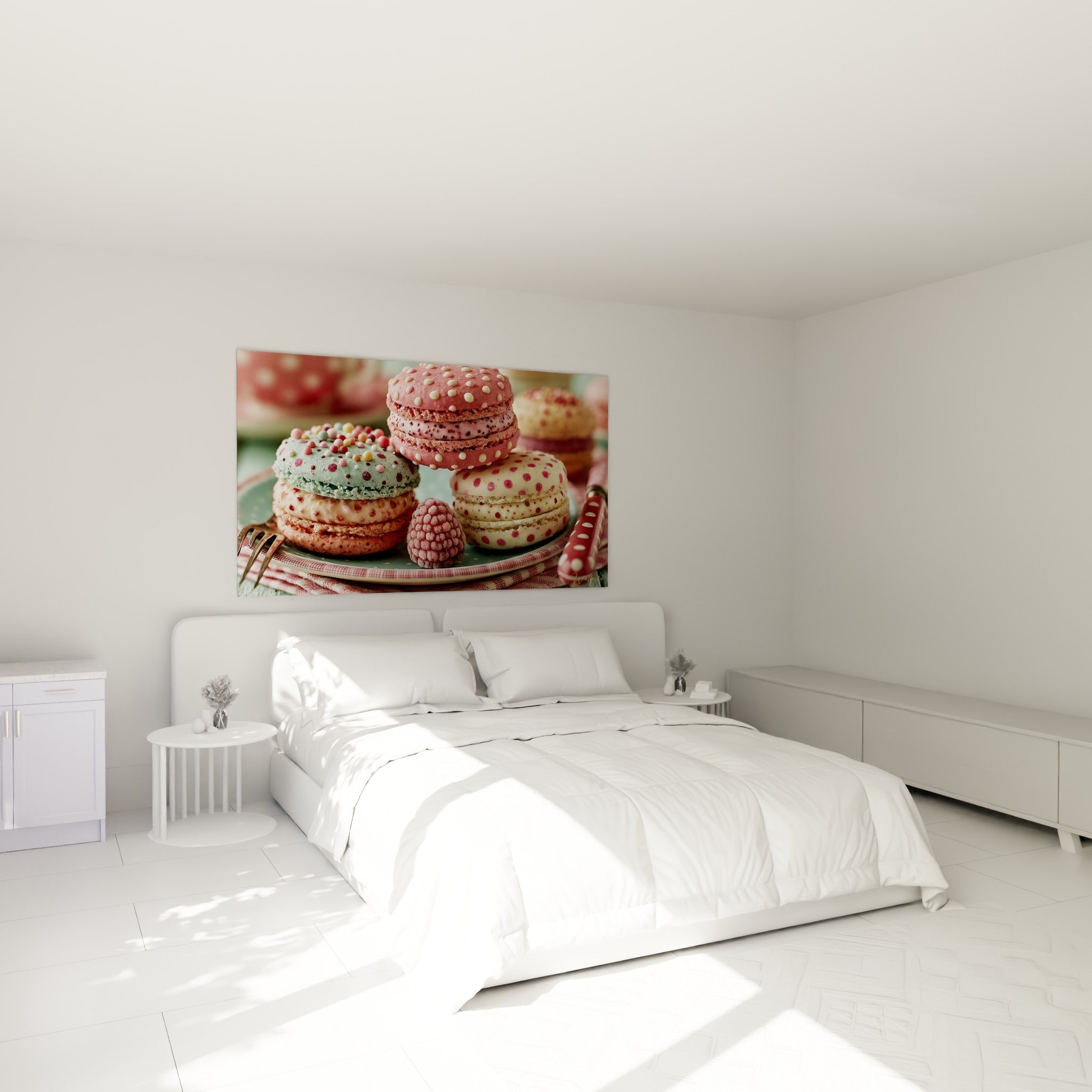 Assiette de macarons rose et crème mouchetés, accrochée au-dessus d'un lit dans une chambre claire
