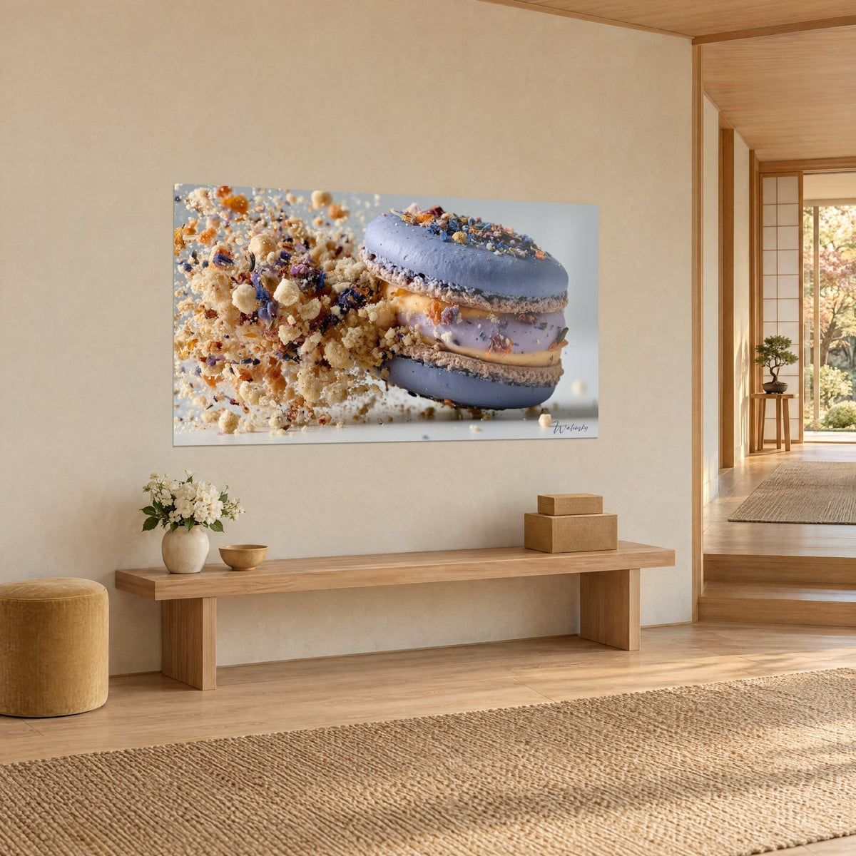 Wall art lavender treat bursting into ochre crumble fragments and purple dried flowers, on a beige Japandi wall