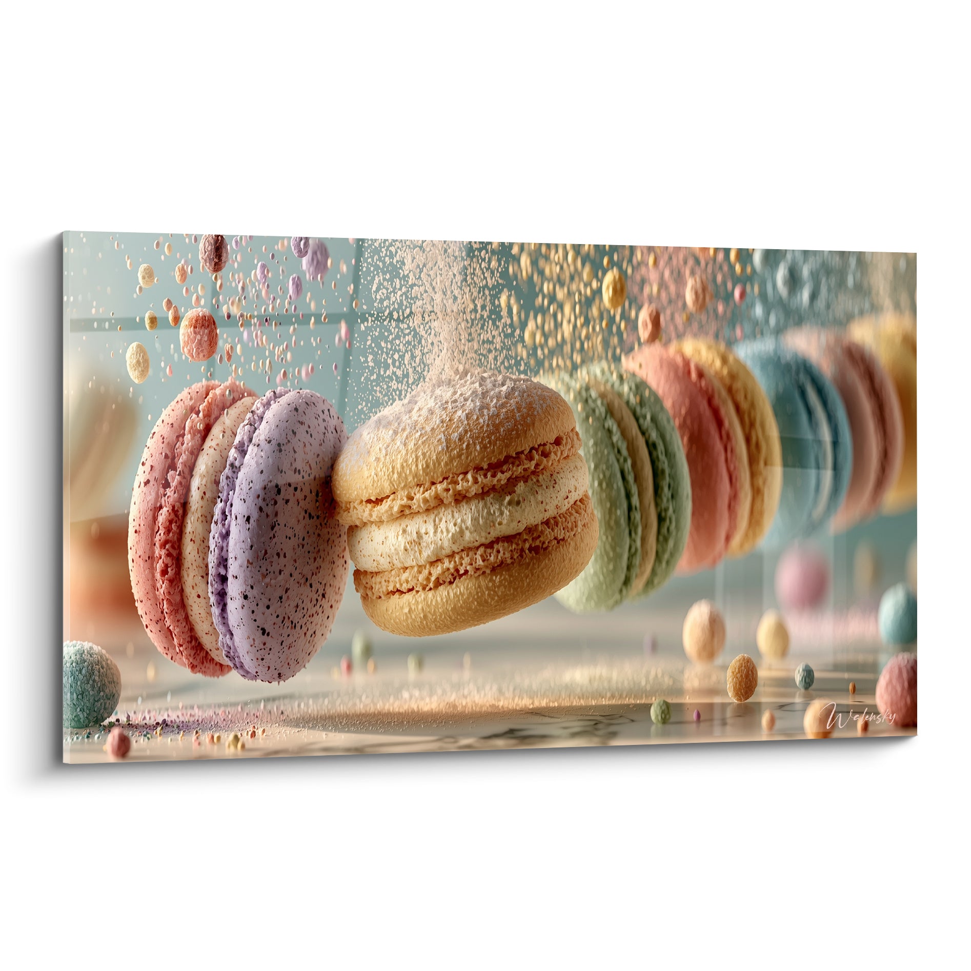 Macarons pastel lilas, rose et doré flottent, saupoudrés de sucre glace sur fond bleu-vert