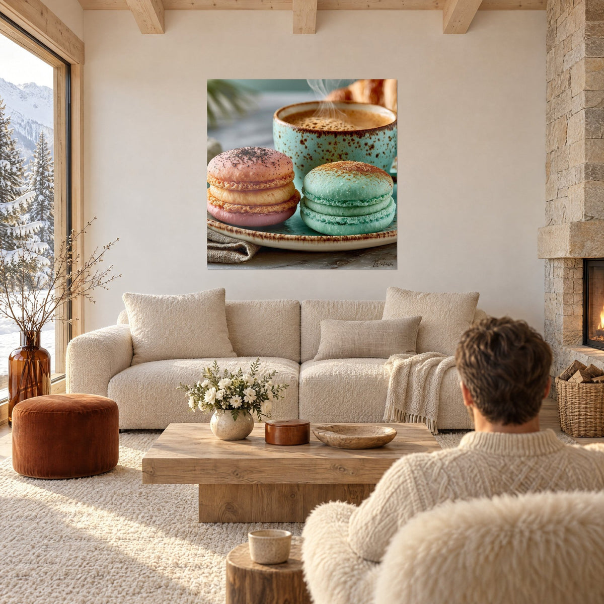 Πίνακας με παστέλ macarons πασπαλισμένα με κακάο, δίπλα σε έναν ατμιζόμενο καφέ, ροζ και μέντα, πάνω από έναν καναπέ σε φωτεινό σαλόνι
