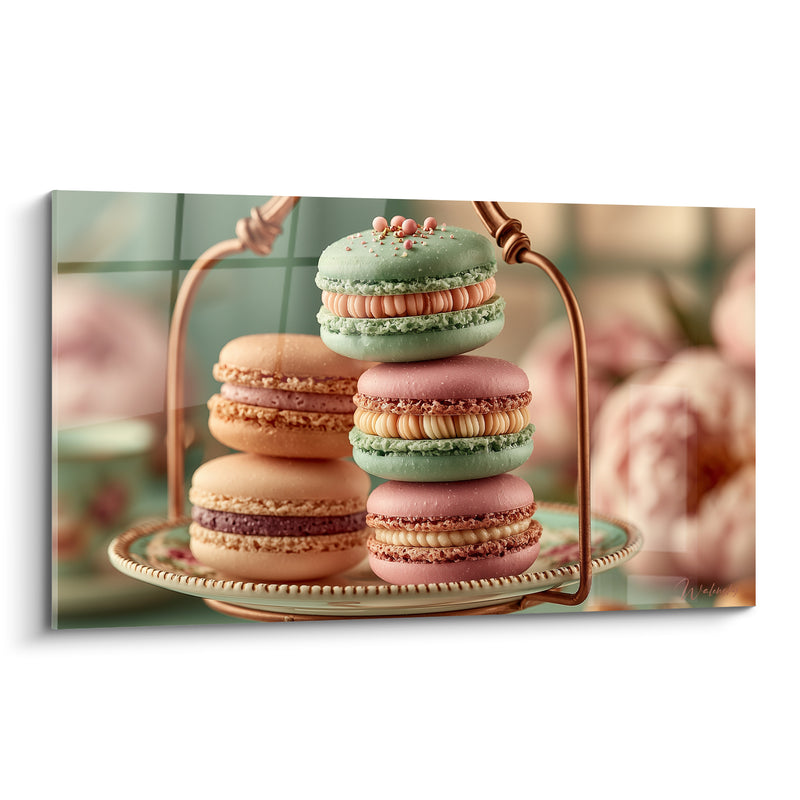 Tableau Macaron vert et rose sur présentoir cuivré - Perles de sucre nacrées roses - Edition Macaron