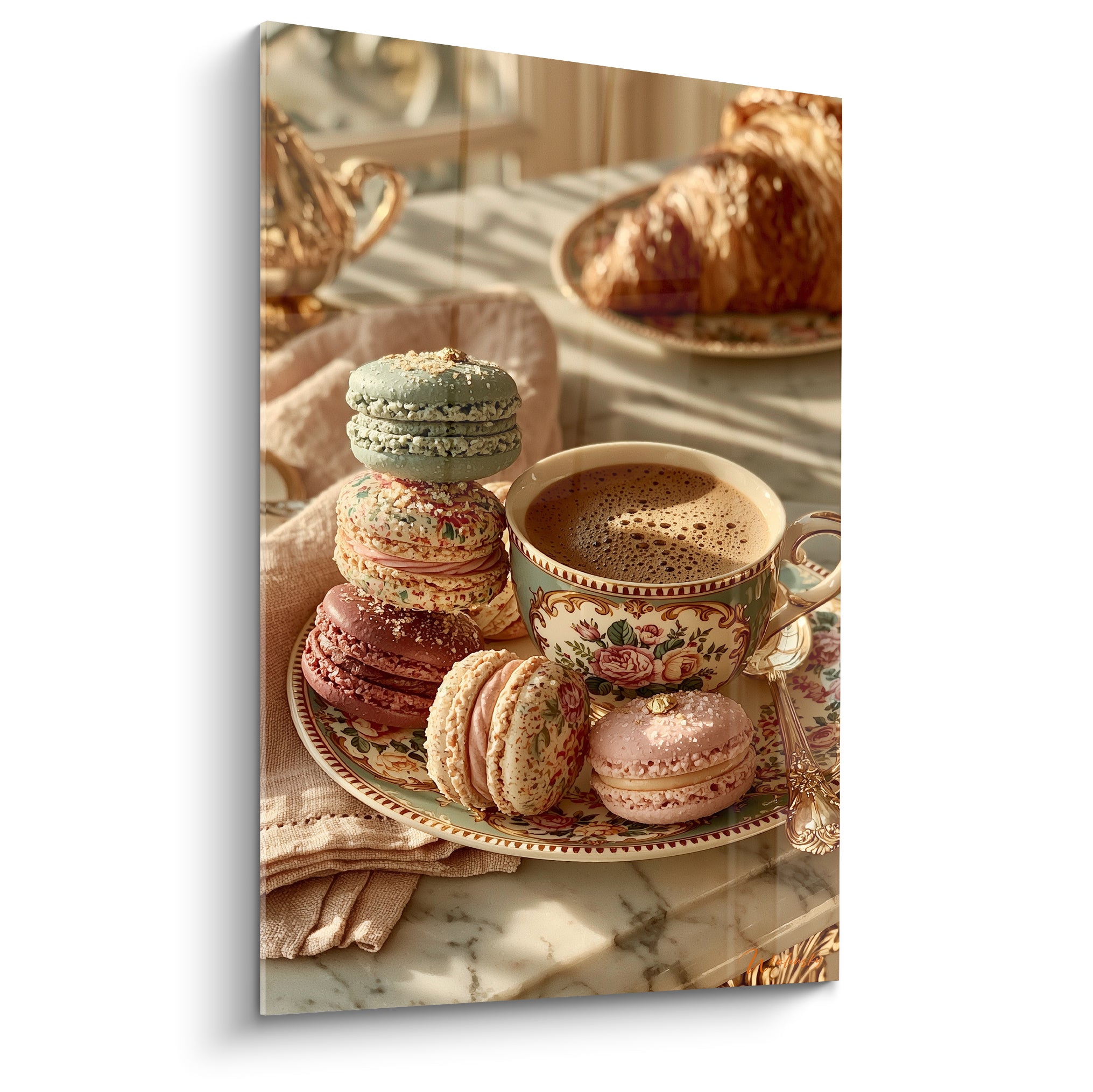 Macarons rose et vert sauge empilés sur assiette fleurie près d'une tasse de café mousseux