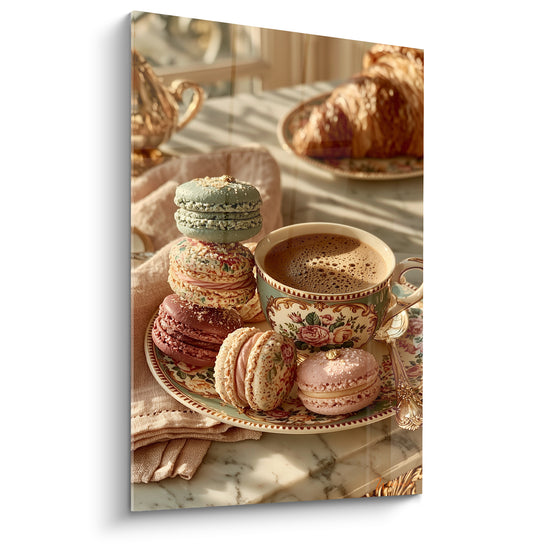 Macarons rose et vert sauge empilés sur assiette fleurie près d'une tasse de café mousseux