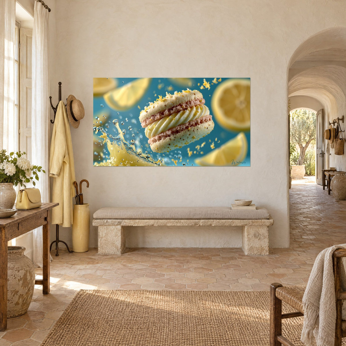 Tableau biscuit pâle aux zestes dorés suspendu en lévitation, quartiers de citron jaune et bleu vif, mur blanc d'un mas provençal