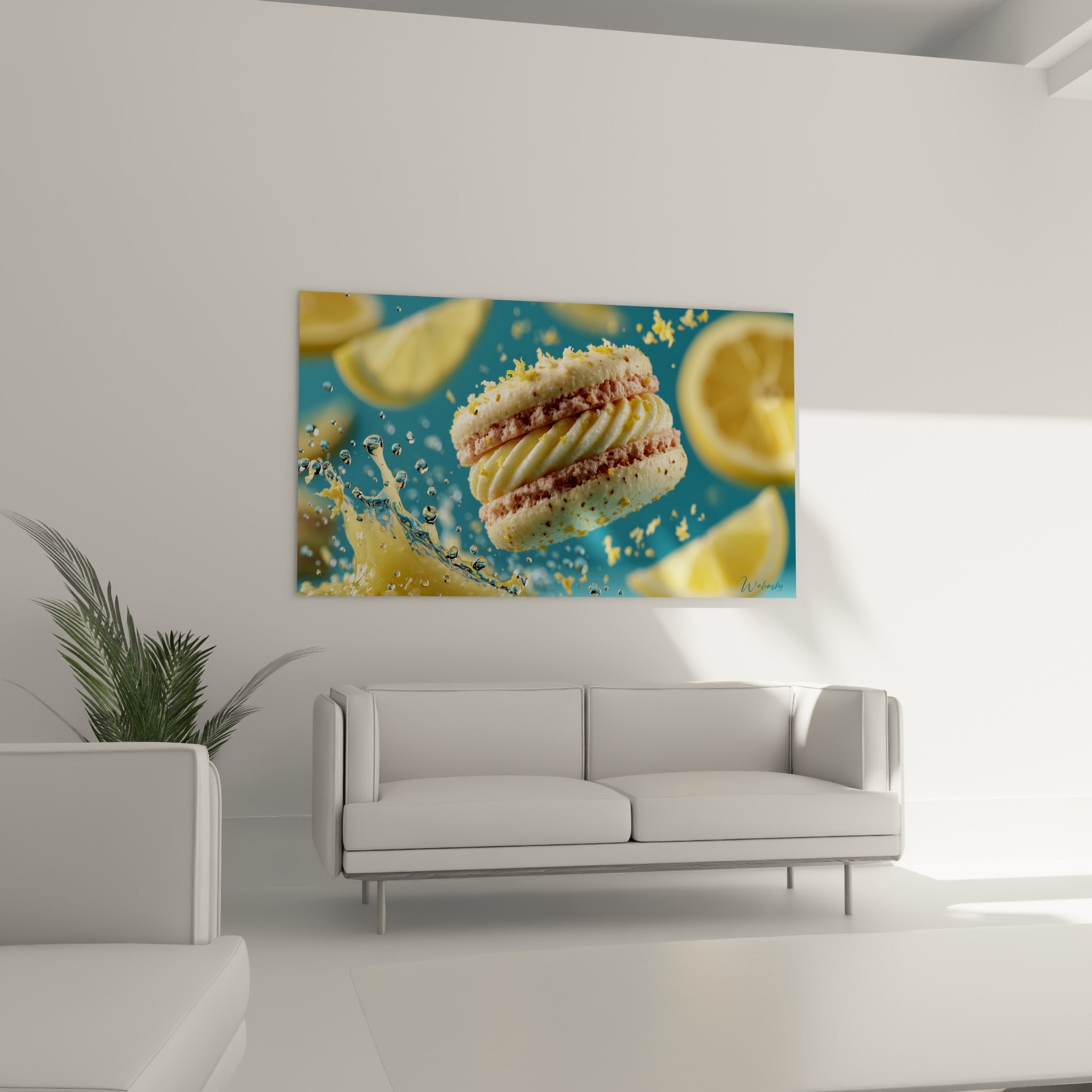 Pâtisserie garnie de crème rose et jaune surplombant une éclaboussure liquide au-dessus d'un canapé dans un salon lumineux