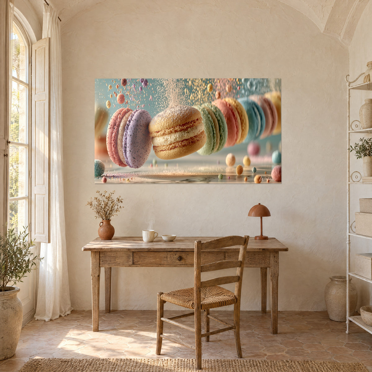 Wall art of floating pastel shells, beige macaron dusted with white sugar, pink and blue pearls, hung above a wooden desk