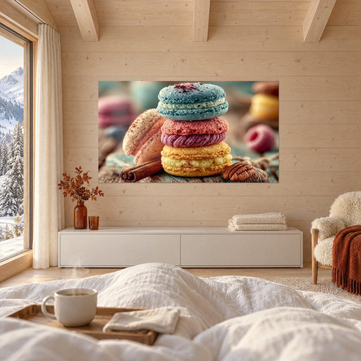 Wall art of colourful cakes stacked up, sky blue, coral and plum violet shells, blurred raspberry on the right, above a bed in a bright bedroom