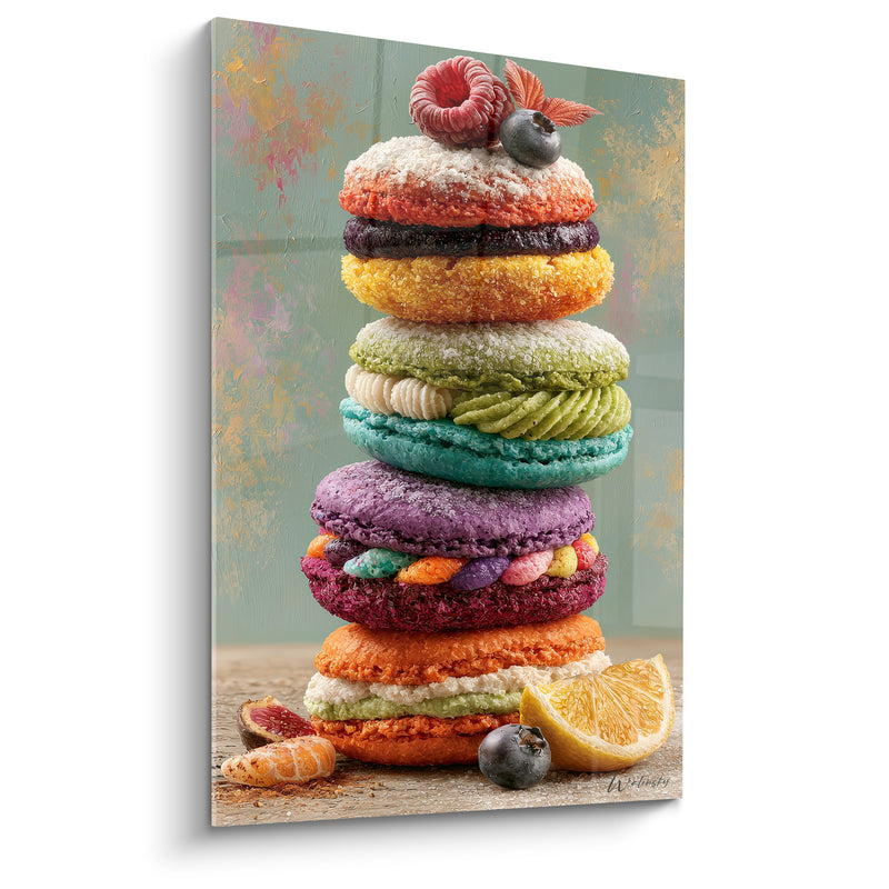 Tableau Macarons violet et turquoise surmontés d'une framboise - Quartier d'orange doré - Edition Macaron