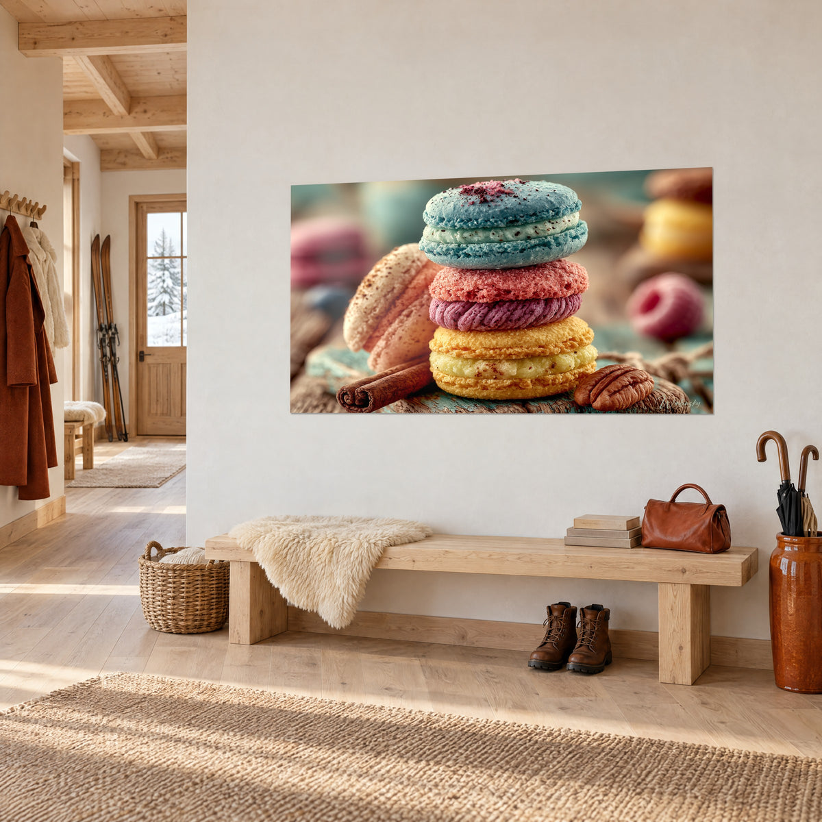 Wall art of mouthwatering pastel treats, blue shells dusted with pink and pecan nuts, on a chalet wall seen from three-quarter view