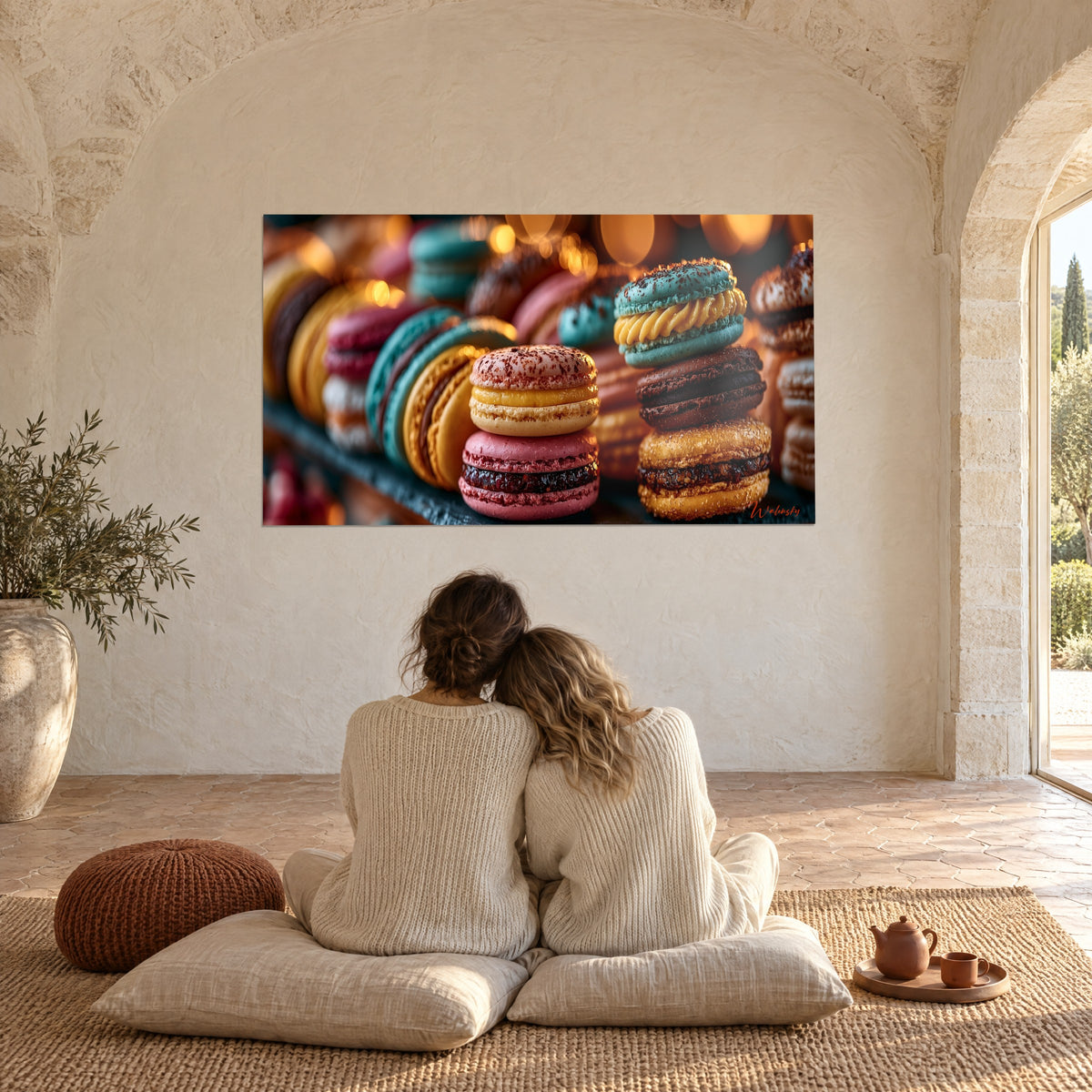 Cuadro de pilas de macarons de colores, cáscaras turquesa y burdeos, luz cálida, pareja abrazada de espaldas sobre cojines, masía provenzal