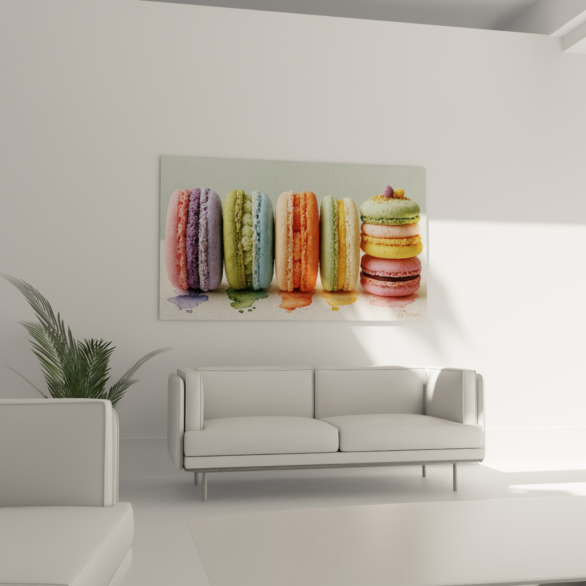 Pile de macarons vert et doré surmontée de perles sucrées au-dessus d'un canapé dans un salon lumineux