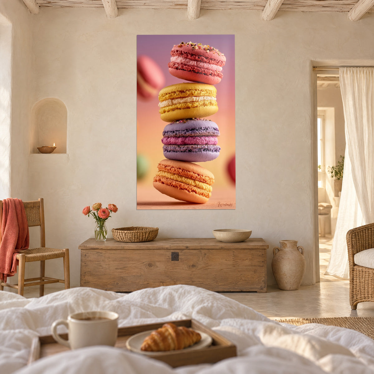 Wall art stack of pastel pastries in saffron yellow and lilac mauve on a peach background, above a bed in a light bedroom