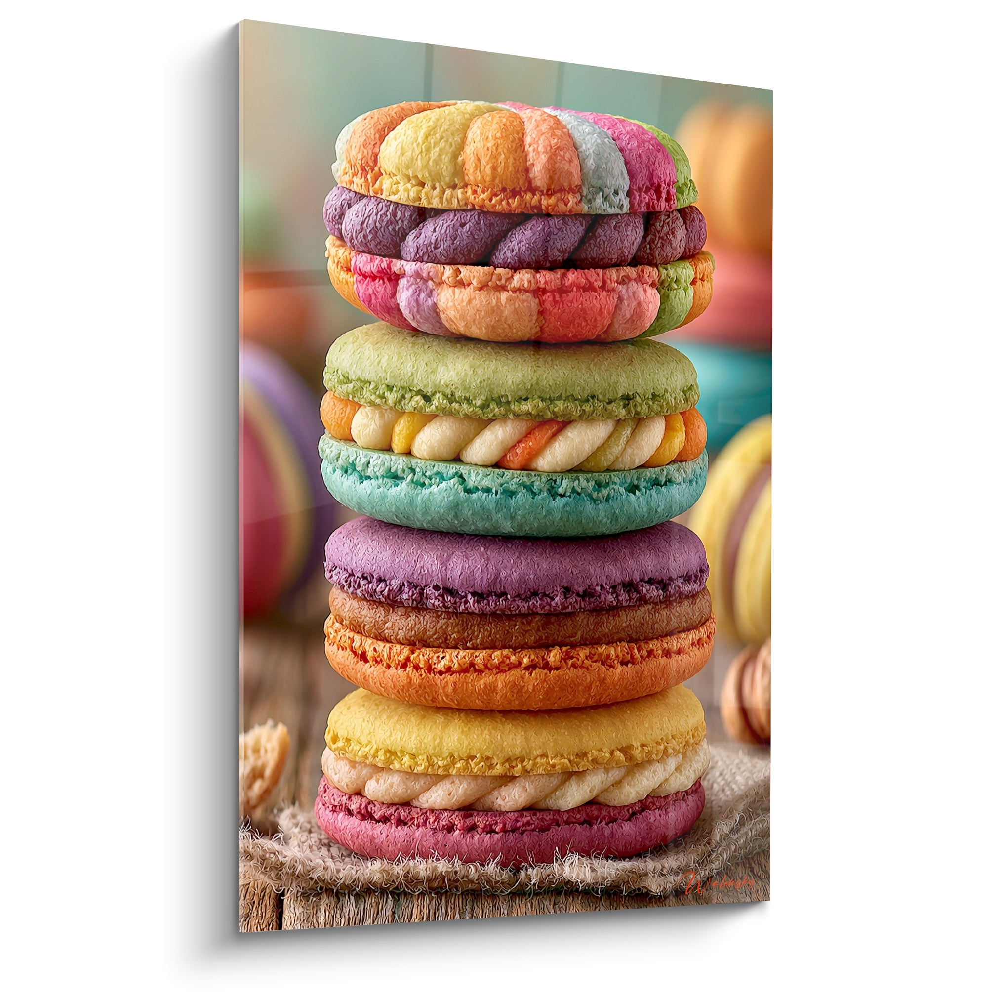 Macarons empilés en turquoise, violet et corail sur fond flou pastel, texture granuleuse visible