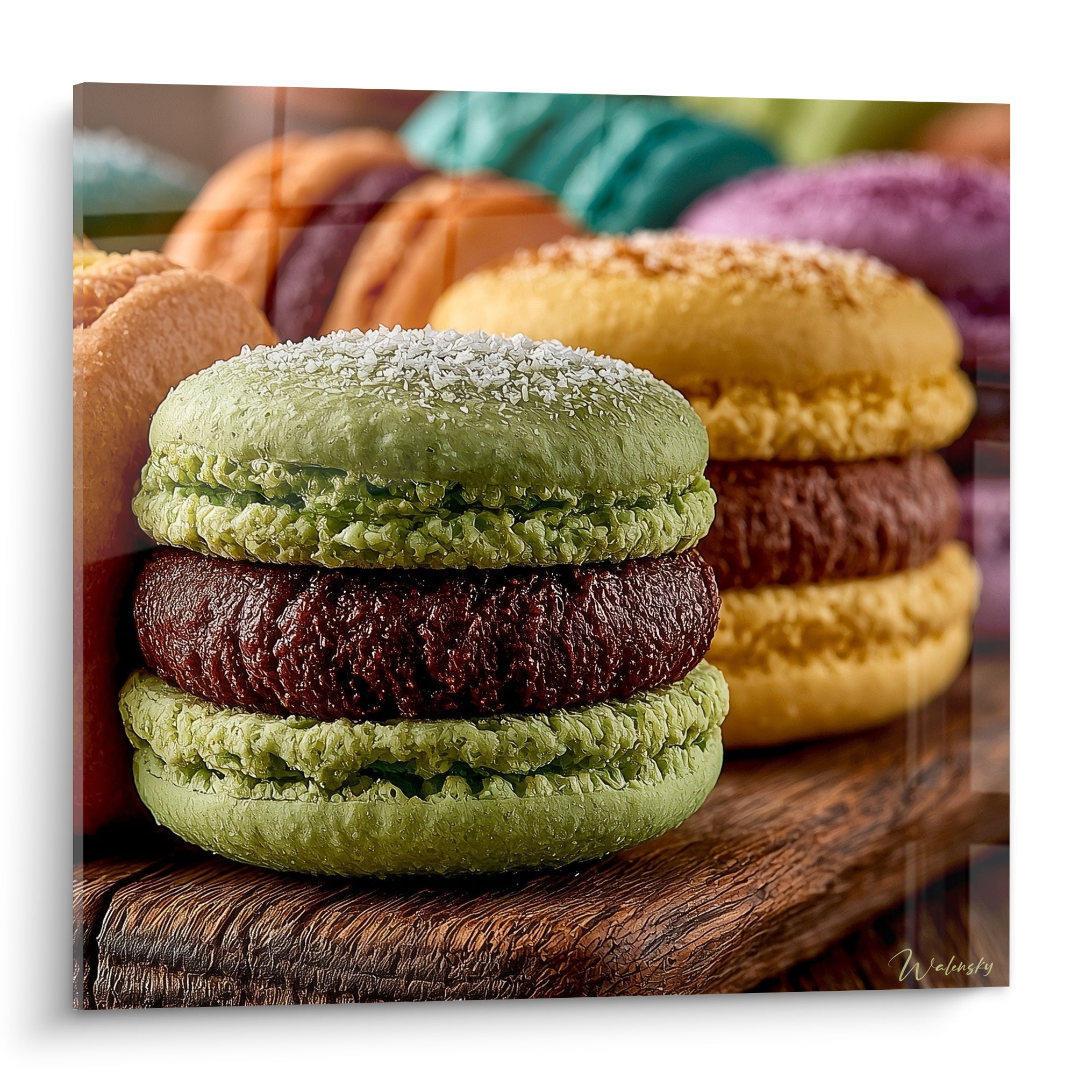 Macaron vert pistache garni de ganache chocolat brune, sucre glace, posé sur bois texturé