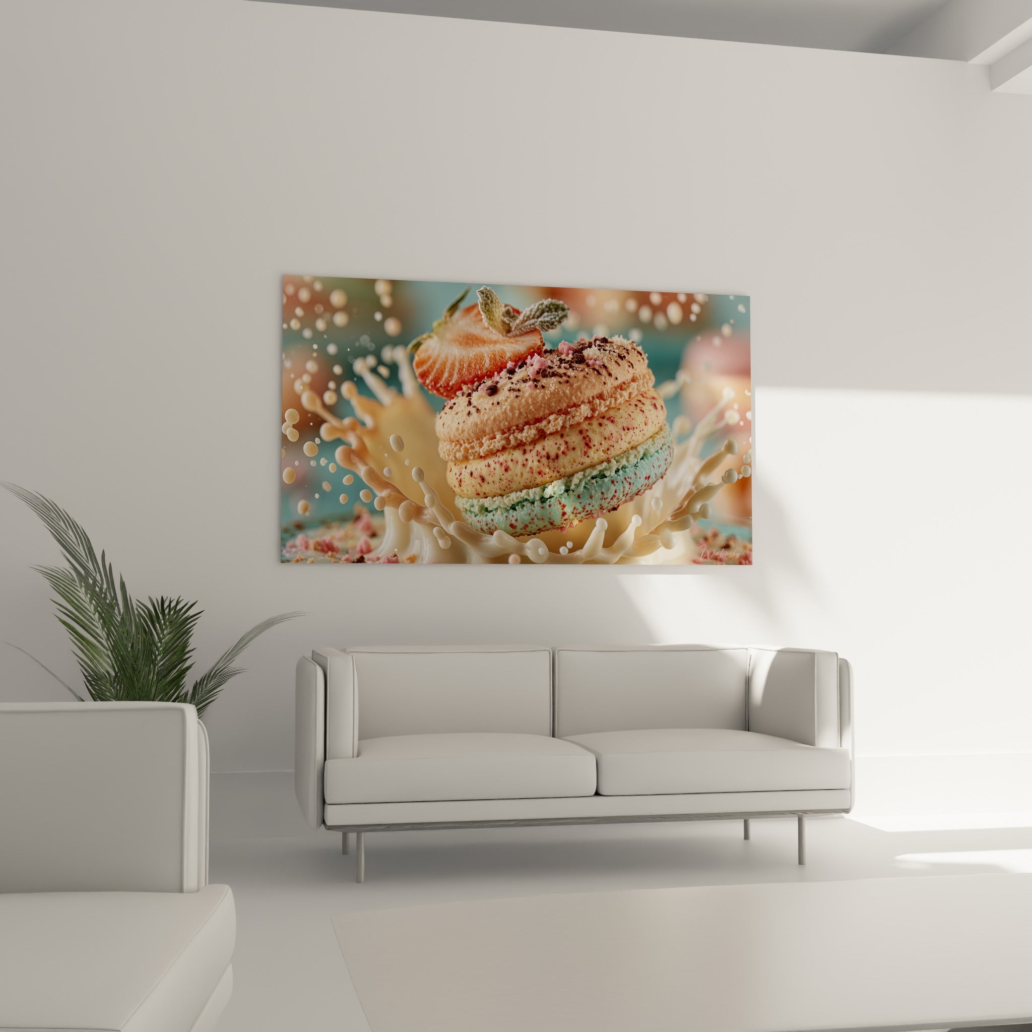 Gourmandise sucrée rose et turquoise ornée de pistaches, au-dessus d'un canapé dans un salon lumineux
