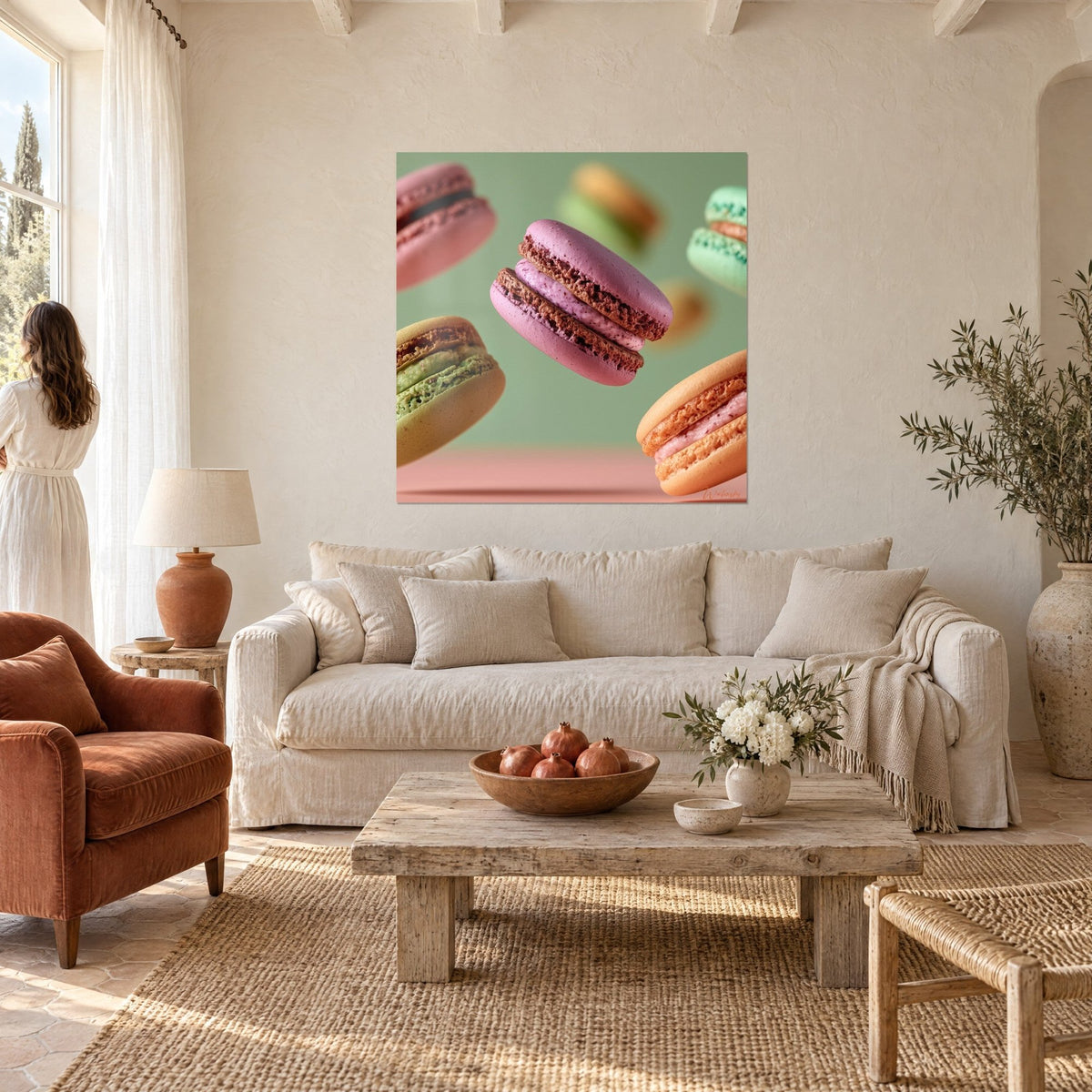 Tableau macarons en lévitation, coques rose mauve et vert pistache sur fond sauge, femme de dos, au-dessus d'un canapé dans un salon lumineux