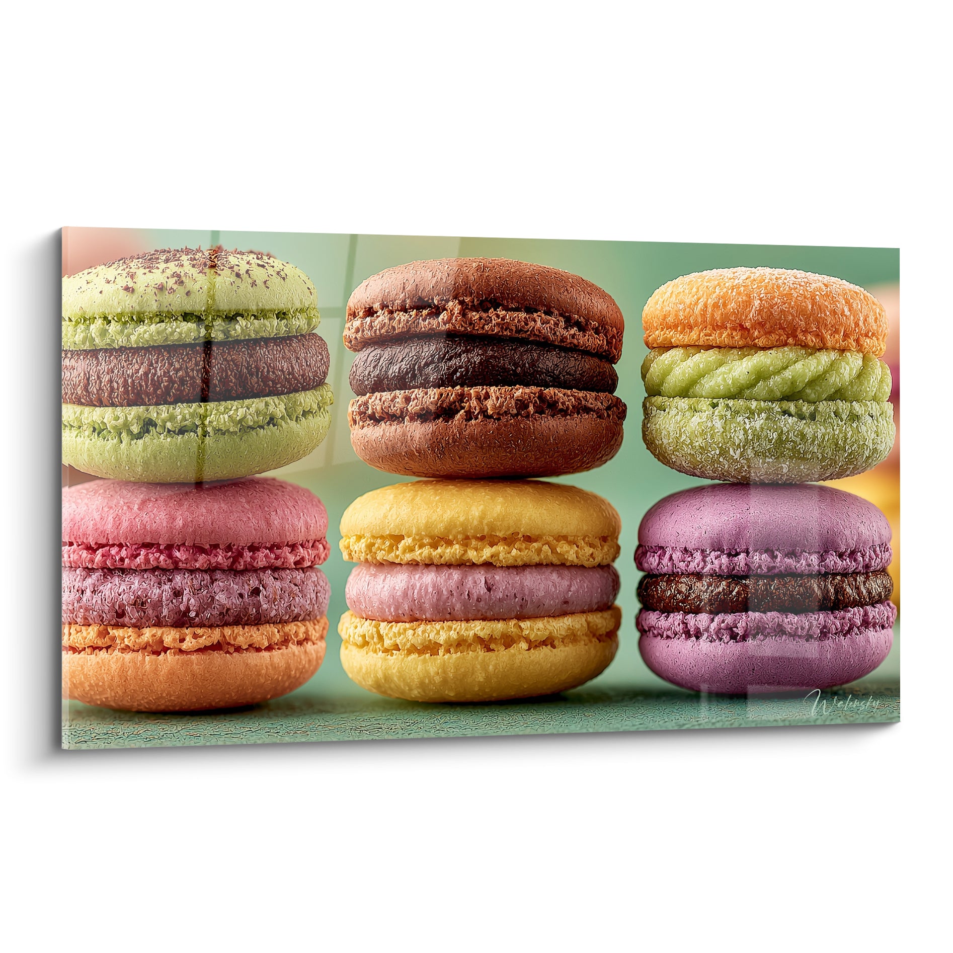 Macarons empilés en gros plan, teintes vert pistache, violette et dorée sur fond vert d'eau