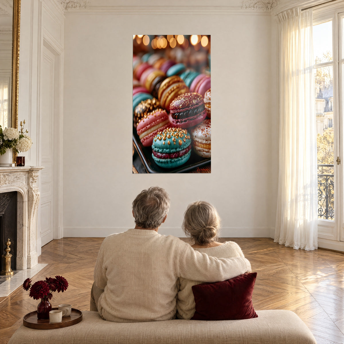 Quadro di macarons dorati, turchesi e bordeaux su un vassoio nero, coppia di anziani di spalle su un divano, ampio soggiorno luminoso