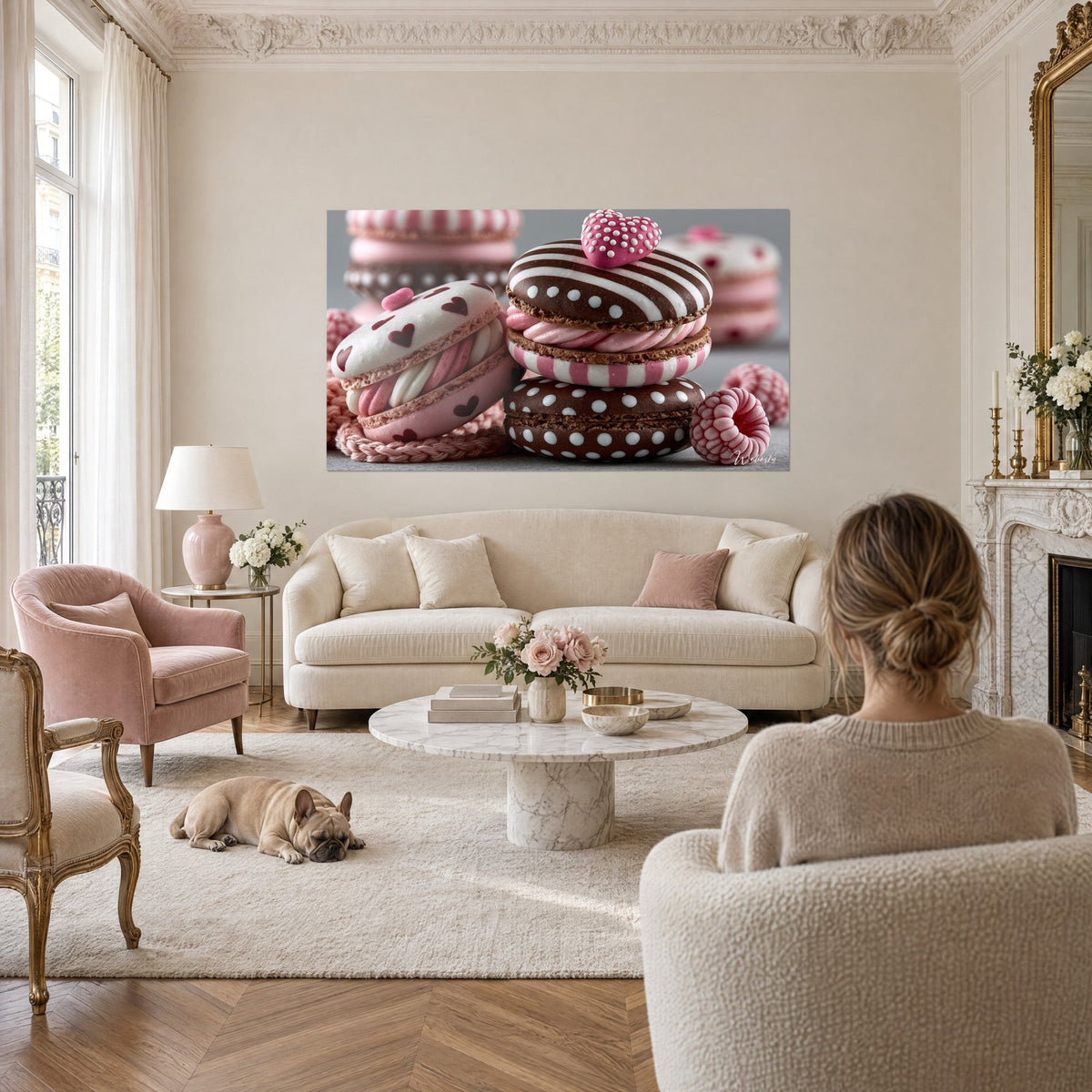 Tableau macarons rayés chocolat et crème, cœur rose à pois blancs, et une femme de dos, bulldog couché, au-dessus d'un canapé dans un salon lumineux