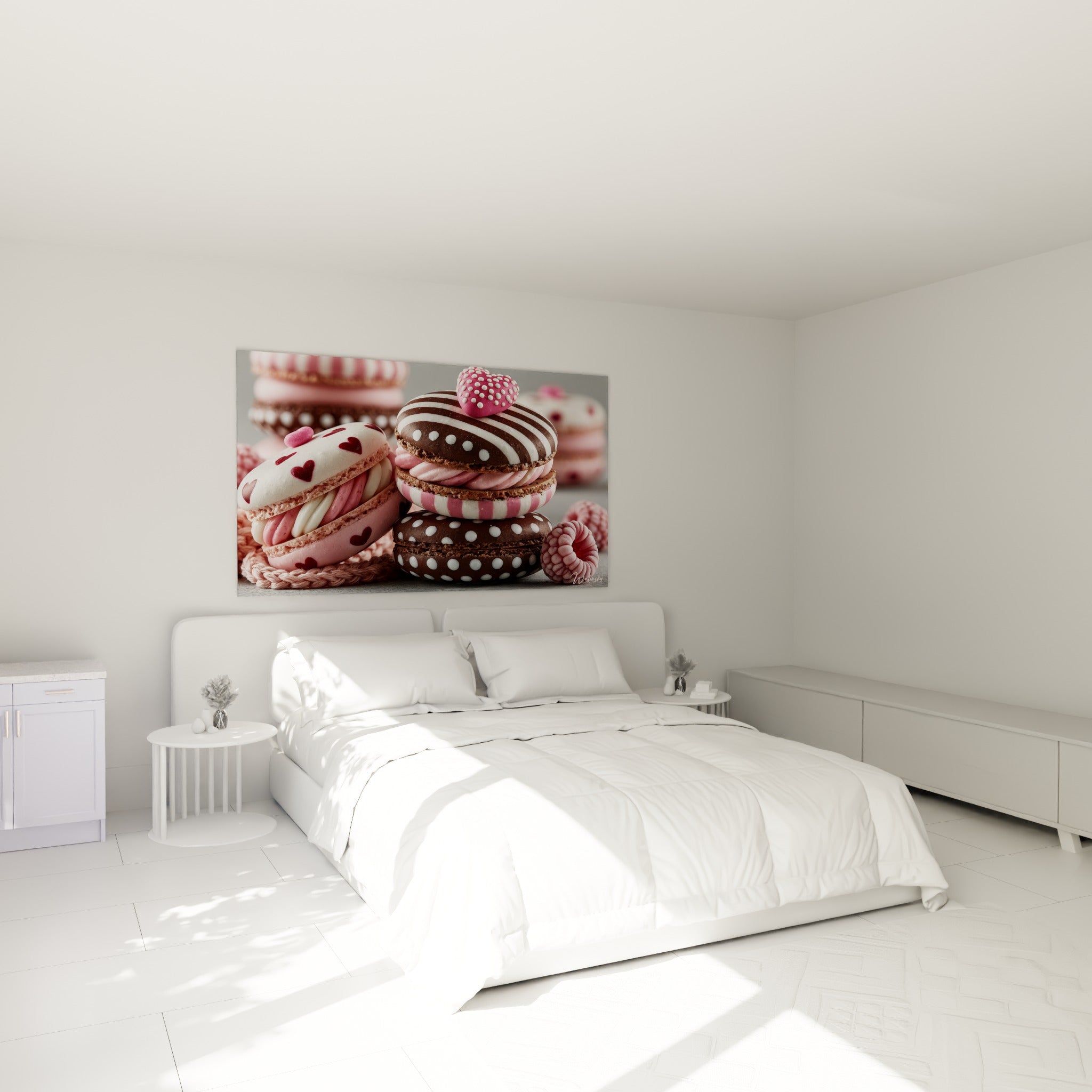Pile de macarons roses et chocolat aux motifs pois, au-dessus d'un lit dans une chambre claire
