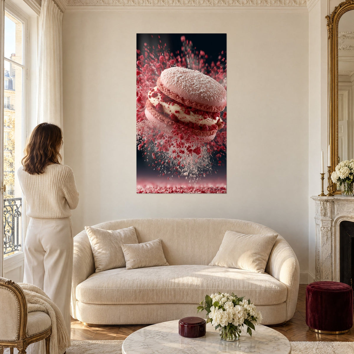 Tableau macaron rose poudré saupoudré de sucre glace, éclats de framboise rouges en explosion, au-dessus d'un canapé dans un salon lumineux