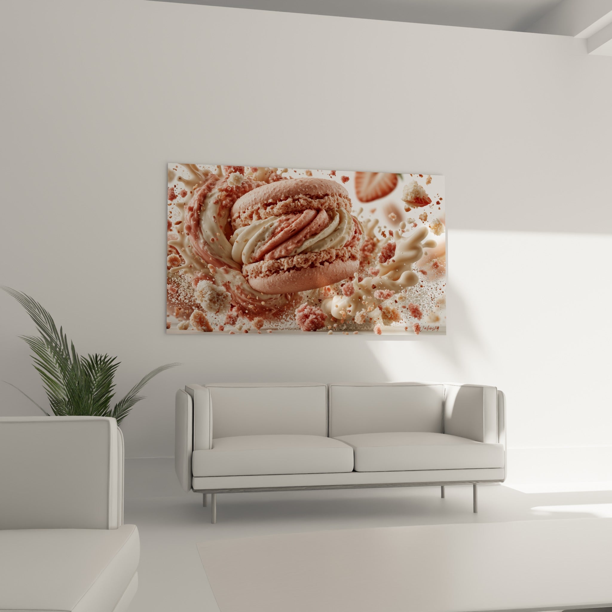 Macaron crème et rose explose en douceur au-dessus d'un canapé dans un salon lumineux