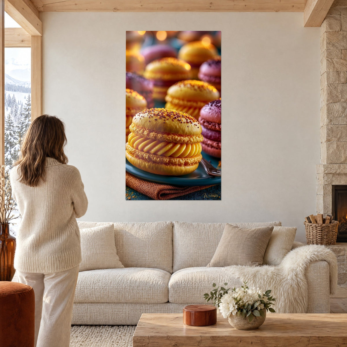 Tableau macaron jaune moutarde à la ganache torsadée, billes cuivrées, fond prune flou, au-dessus d'un canapé dans un salon lumineux